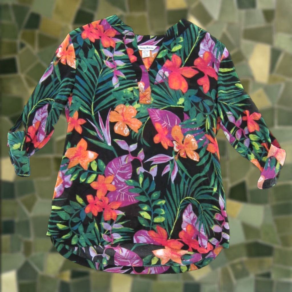 Tommy Bahama Tommy Bahama Blouse Cotton Gauze Floral Long Sleeve XS Pink Green Bohemian Tropical Linen 100% Lightweight Womens Size XS / US 0-2 / IT 36-38 - 1 Thumbnail