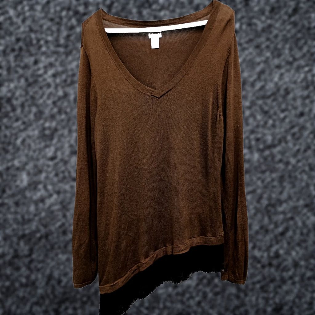 Vintage Chicos Womens Sweater Raglan Sleeve Large Brown Fringe Hem V-Neck Casual Pullover Knit Size L / US 10 / IT 46 - 1 Thumbnail