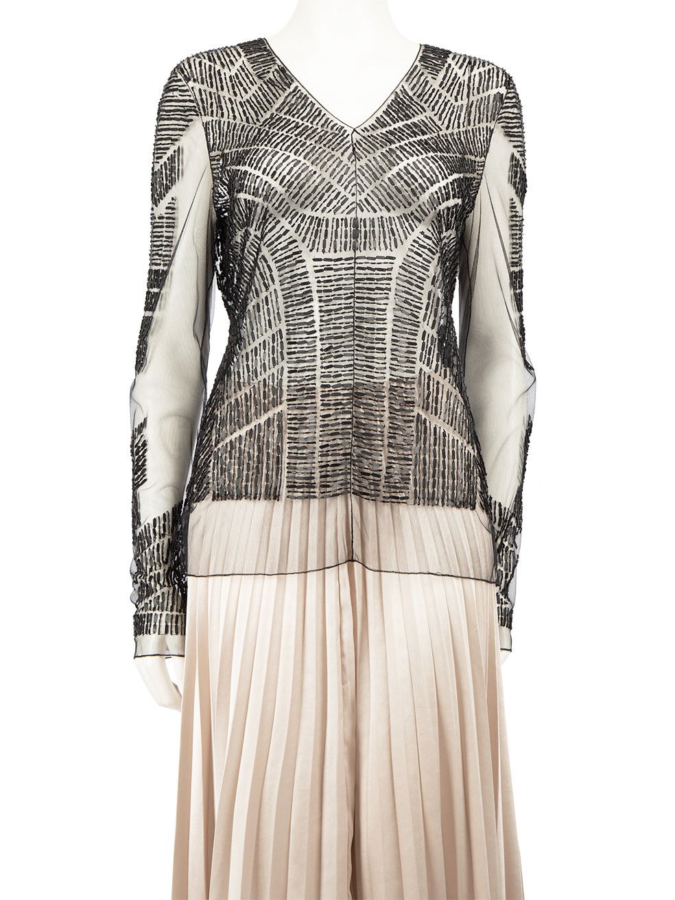 image of J Mendel Black Tulle W Tribal Beading Sheer Top, Women's (Size Medium)