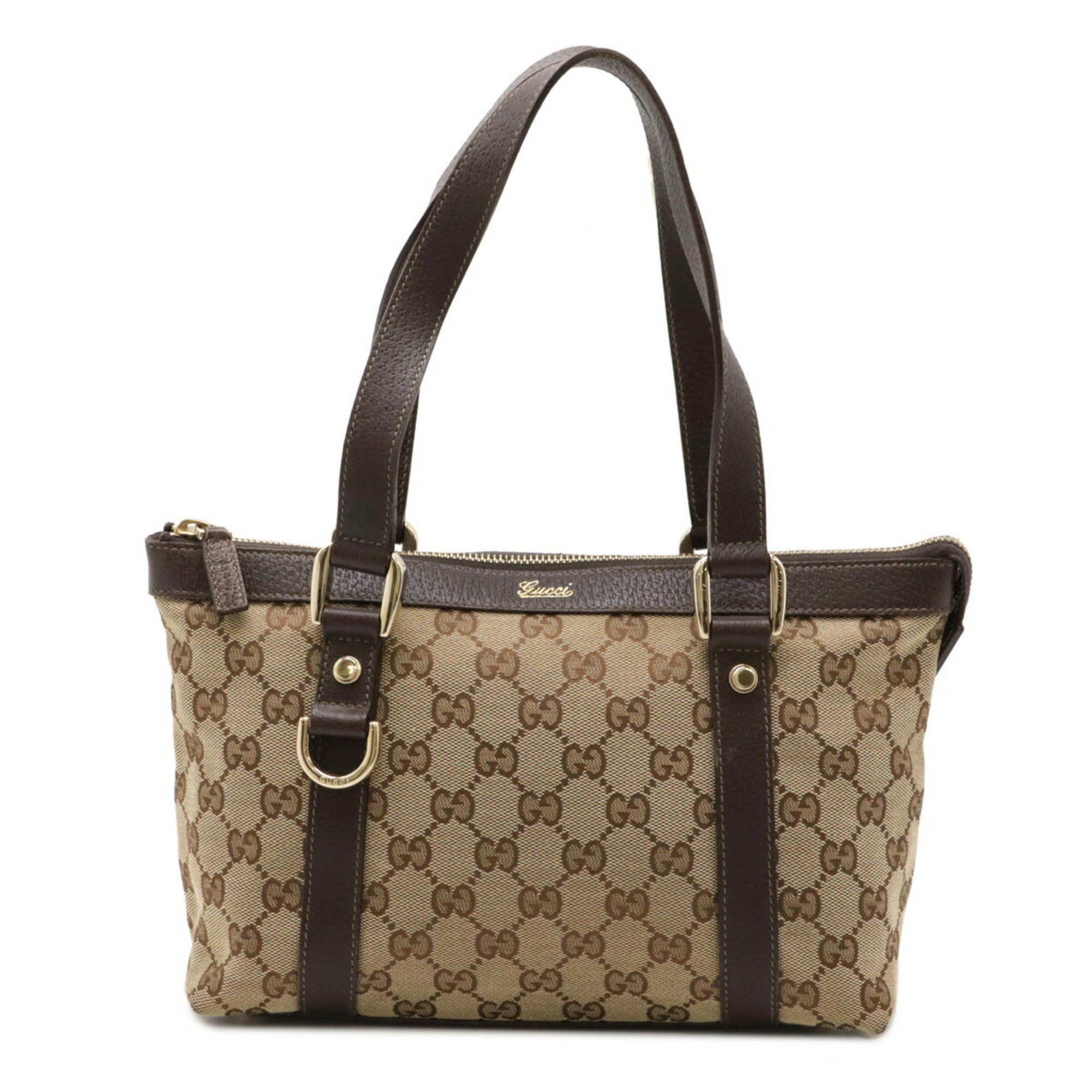 Gucci GG Canvas Tote Bag Handbag Khaki Beige Dark Brown 141471, Women's