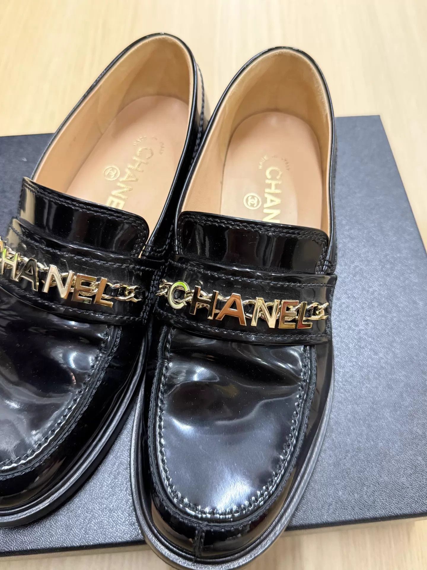 Chanel CHANEL Black & Gold Logo Loafers 37.5 New Size US 7 / IT 37 - 3 Thumbnail