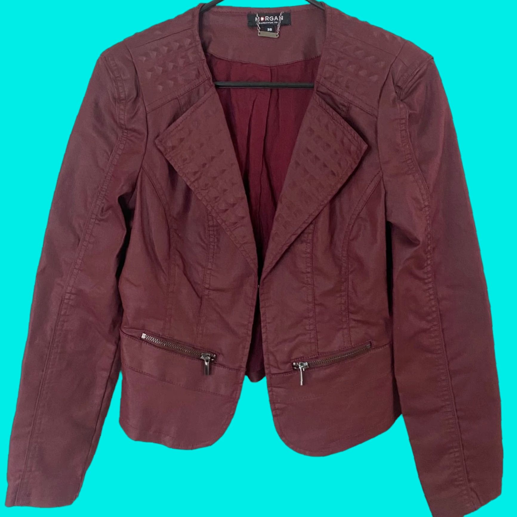 Morgan De Toi VINTAGE Morgan Studded Moto Blazer Jacket Women's 38 Burgundy Red Waxed Long Sleeve Jacket Zipped Pockets Motorcycle Theme Mens Womens Girls Size XS / US 0-2 / IT 36-38 - 1 Thumbnail