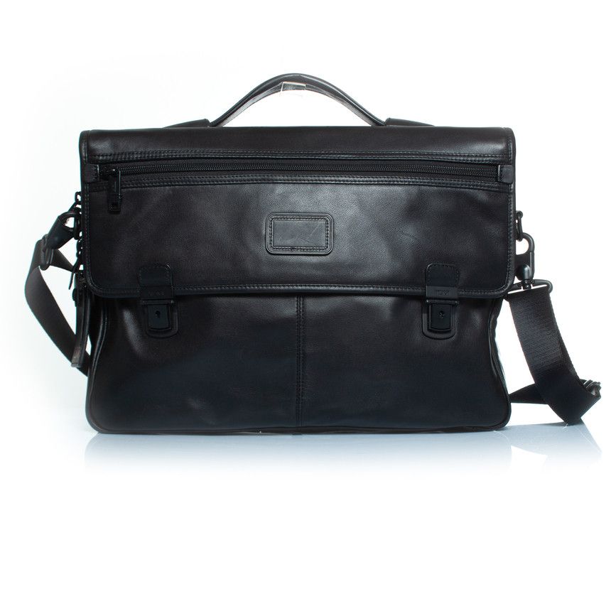 image of Tumi Alpha Slim Flap Leather Brief Bag in Black, Men's