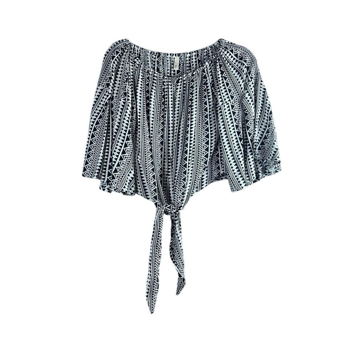 ELAN Elan Boho Tie Front Flutter Sleeve Crop Top Cream Black S Size S / US 4 / IT 40 - 3 Thumbnail