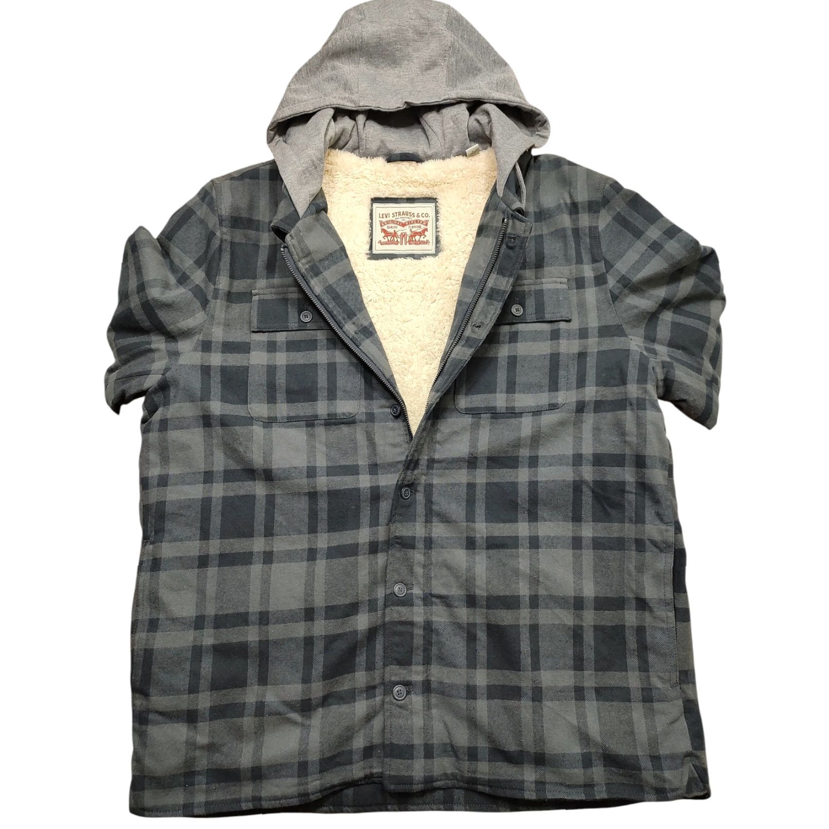 Levi's NWT Levi's Hooded Shacket Gray Plaid Cotton Sherpa Lined Full Zip Jacket Mens Large Regular Fit Size US L / EU 52-54 / 3 - 2 Thumbnail