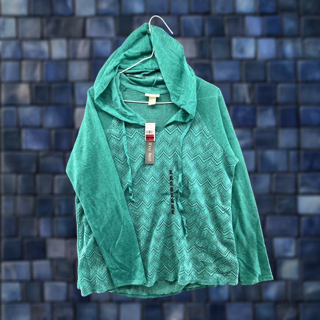 Vintage Tru Self Women’s V Neck Hoodie Sweatshirt XL Green Pullover Activewear Size XL / US 12-14 / IT 48-50 - 1 Thumbnail