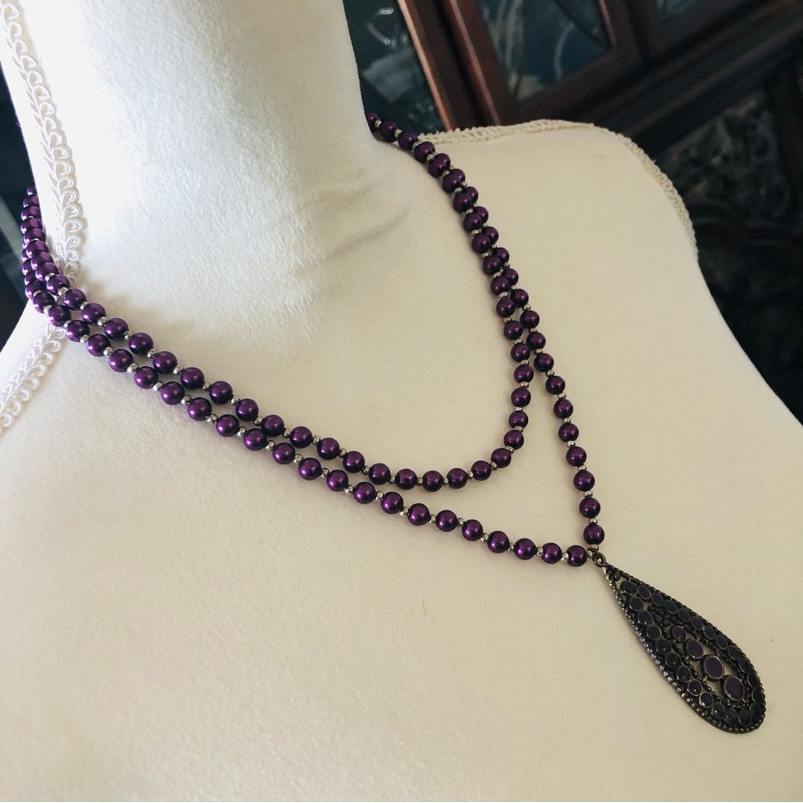 Handmade Handcrafted double strand purple Czech Pearl necklace Size ONE SIZE - 3 Thumbnail