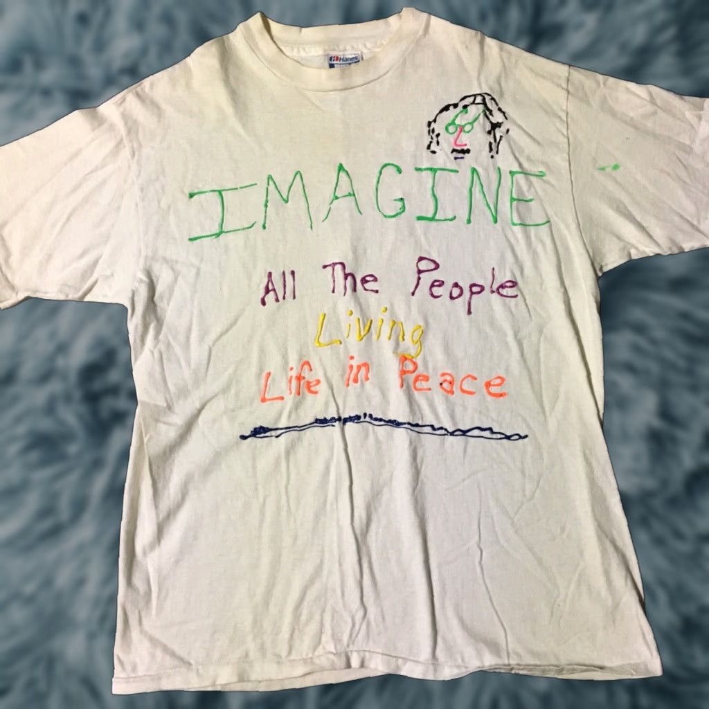 Hanes VINTAGE John Lennon Imagine Graphic Tee Shirt XL White Men Short Sleeve 80s 90s Classic Rock Art Band Size US XL / EU 56 / 4 - 1 Thumbnail