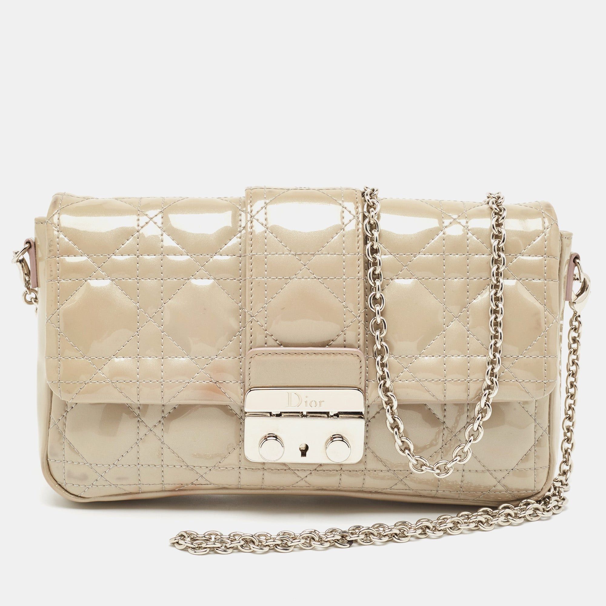 image of Dior Grey Cannage Patent Leather Miss Promenade Chain Pouch, Women's