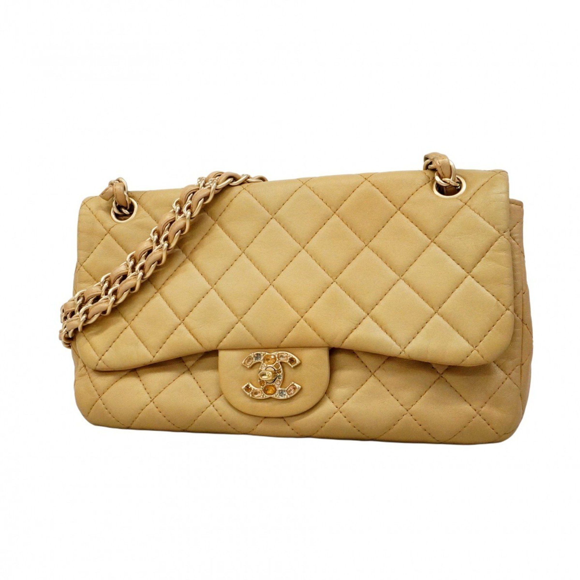 Chanel Shoulder Bag Matelasse W Chain Lambskin Beige Champagne Ladies, Women's