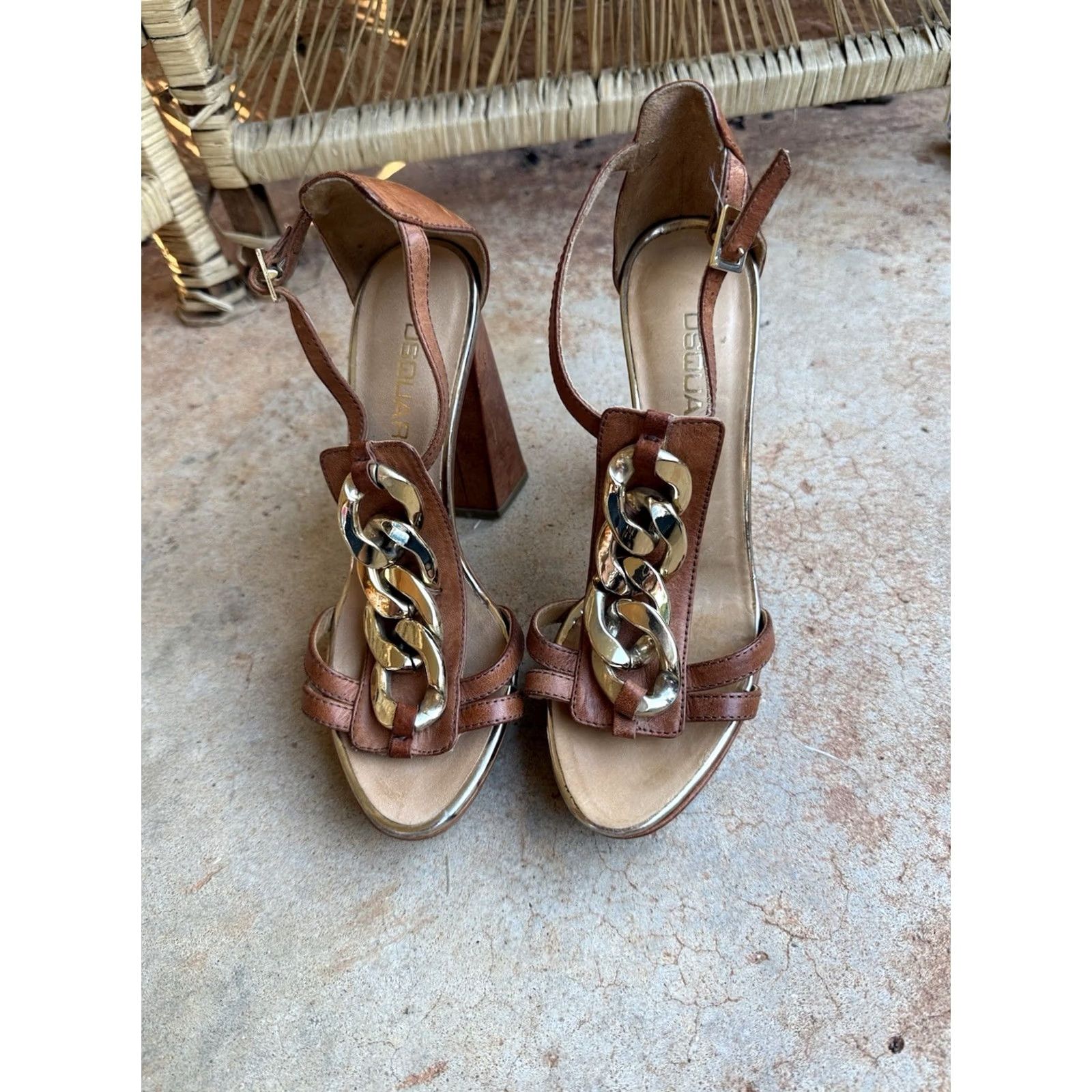 Dsquared2 Dsquared2 Women's 6 High Chunky Chain Block Heel Platform Leather Sandals, Brown, Leather, Italy, Platform, Heel, Sandals, Women, Ultra High Size US 6 / IT 36 - 2 Thumbnail