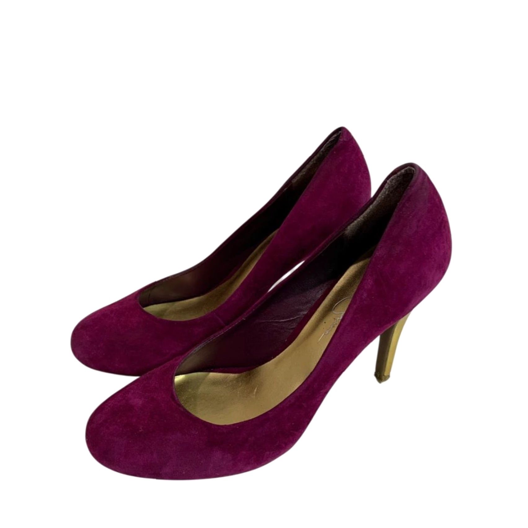 Jessica Simpson Jessica Simpson Womens Oscar Purple Faux Suede Heels 7.5 Pump Gold Flaws Red 4" Heel Womens Size US 8 / IT 38 - 2 Thumbnail