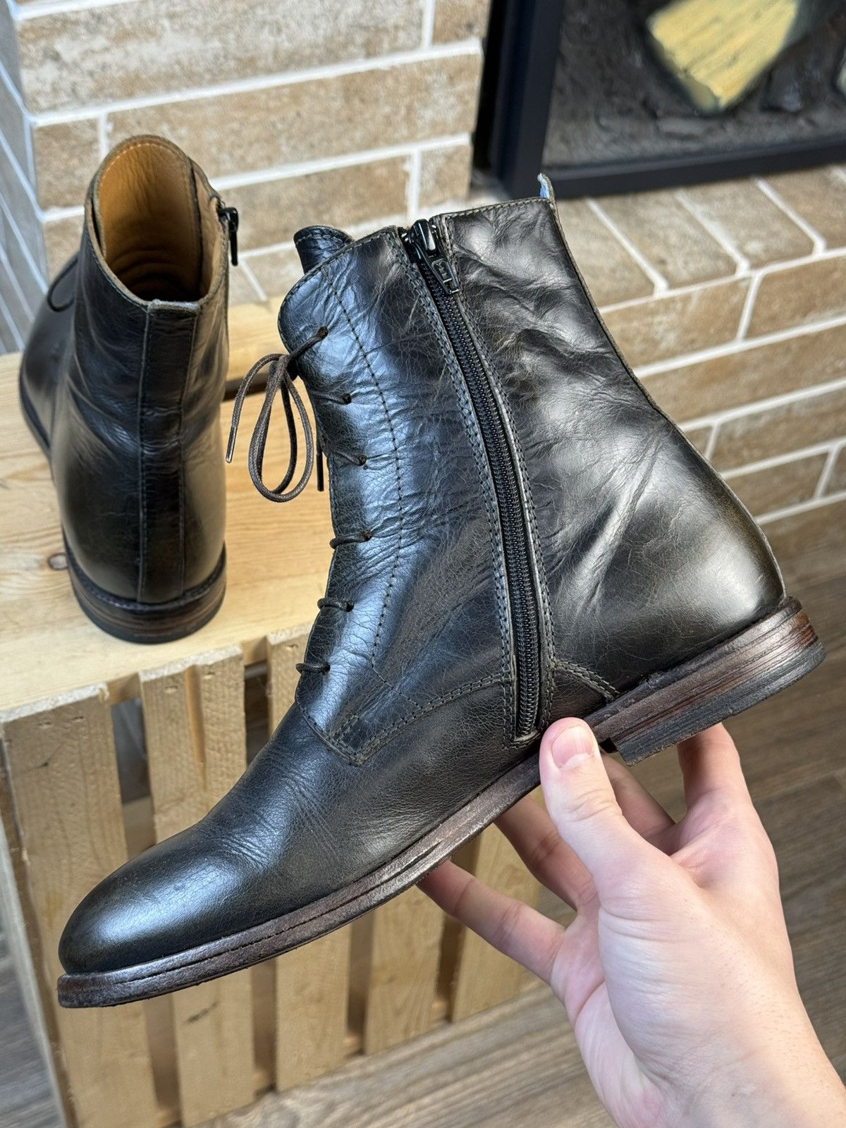 MoMA × Vintage Moma Dark Green Leather Laces Ankle Zip Boots Size US 8 / IT 38 - 11 Thumbnail
