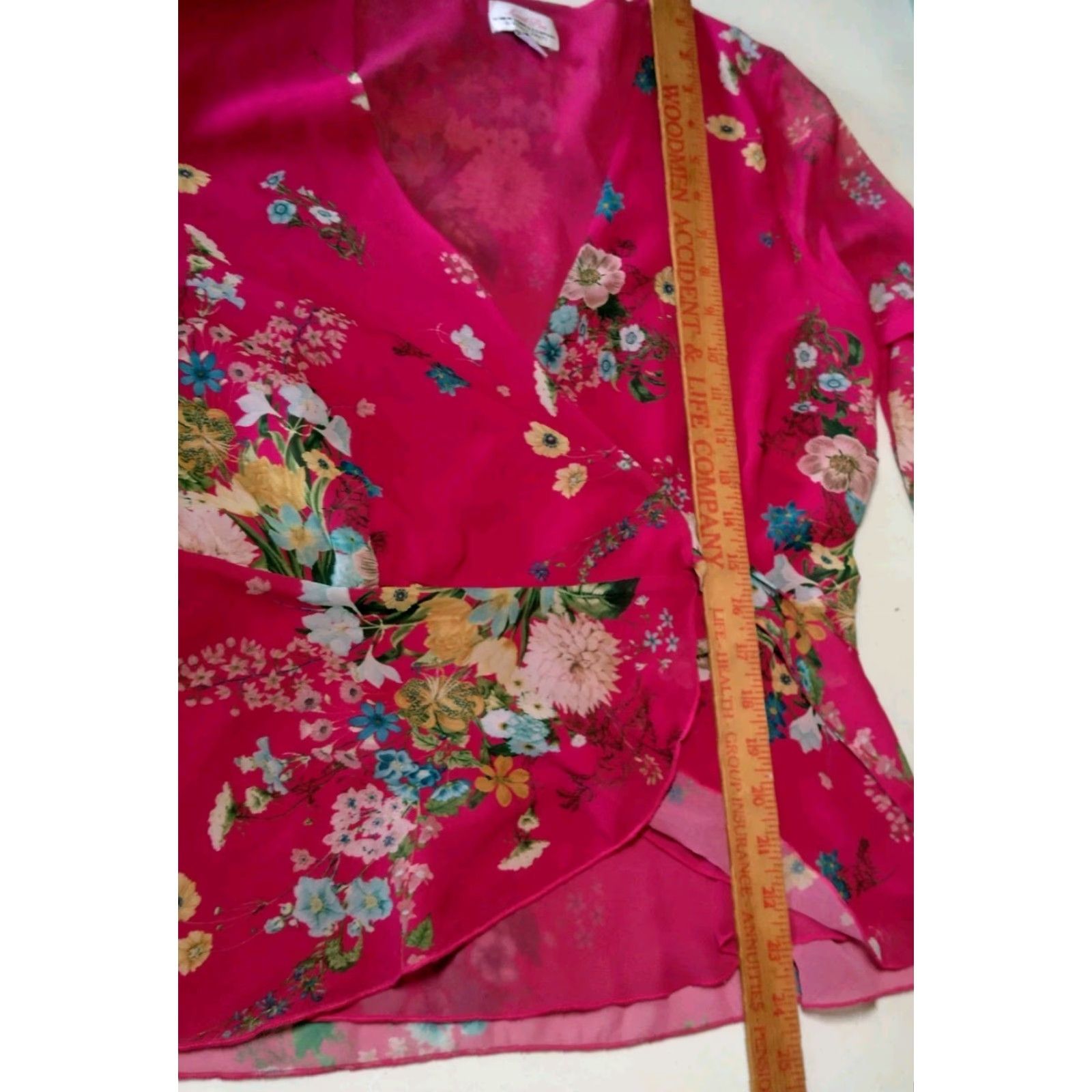 Vintage New York & Co Wrap Blouse Pink Floral Semi Sheer Tie Long Sleeve Small Women V-Neck Chiffon Polyester Womens Size S / US 4 / IT 40 - 4 Thumbnail