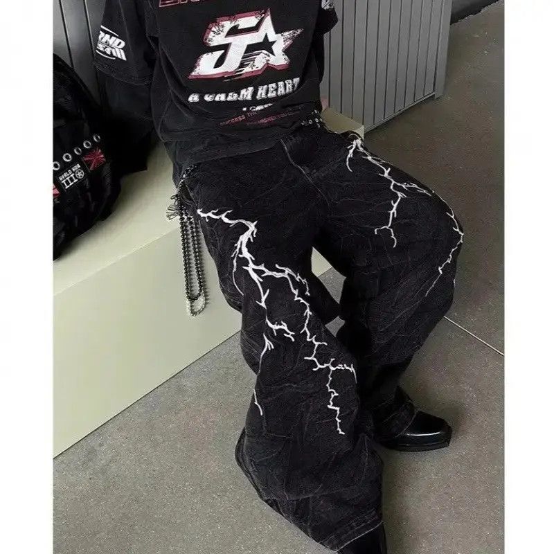 Japanese Brand Retro loose high street lightning embroidered jeans Size US 32 / EU 48 - 4 Thumbnail