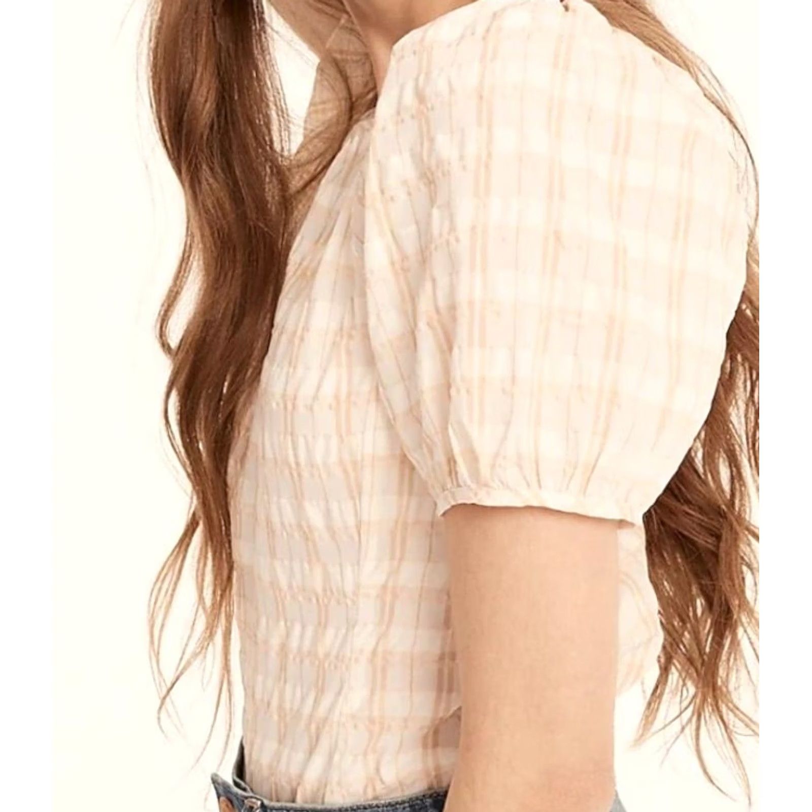 J.Crew J Crew Blouse Women's Size 10 Plaid V Back Puff Sleeve Textured Top Size L / US 10 / IT 46 - 4 Thumbnail