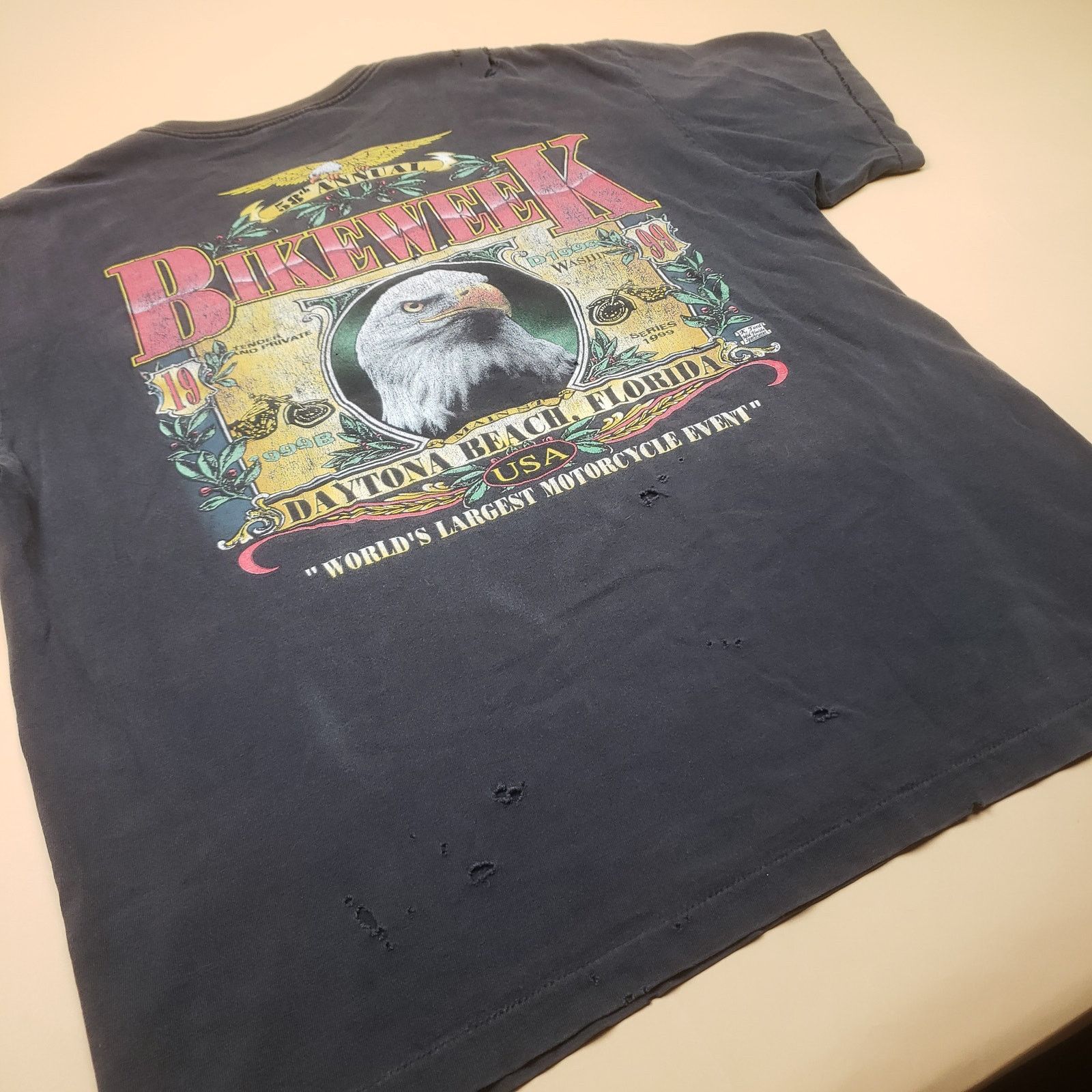 Vintage 1999 Bike Week Distressed T Shirt Bald Eagle Holes Nat Fade Size US XL / EU 56 / 4 - 4 Thumbnail