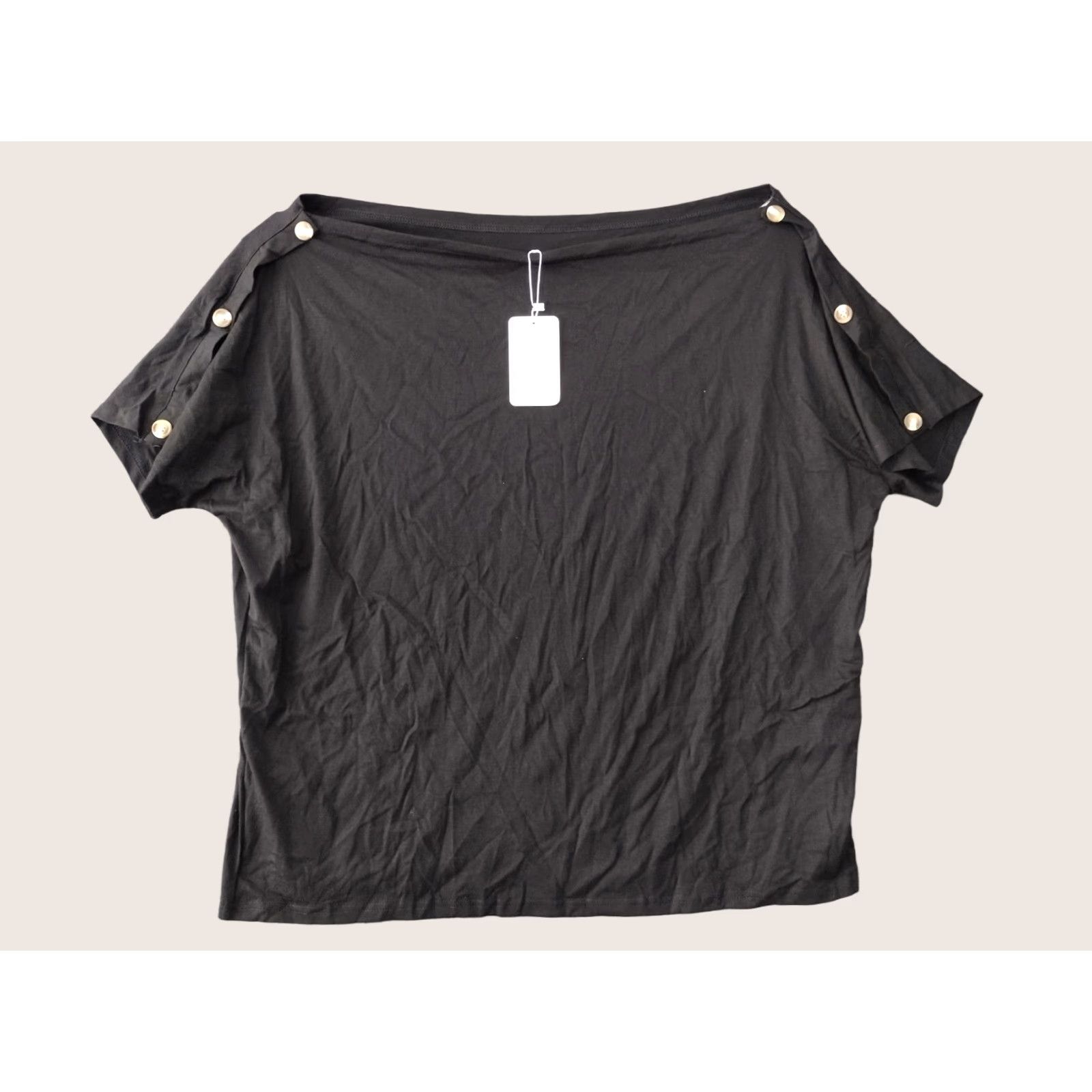 Vintage Thanks Women's Top Blouse 2XL Black Boat Neck 3 Button Shoulder Dolman Sleeve Knit Casual Party/Cocktail Travel Size XXL / US 16-18 / IT 52-54 - 1 Thumbnail