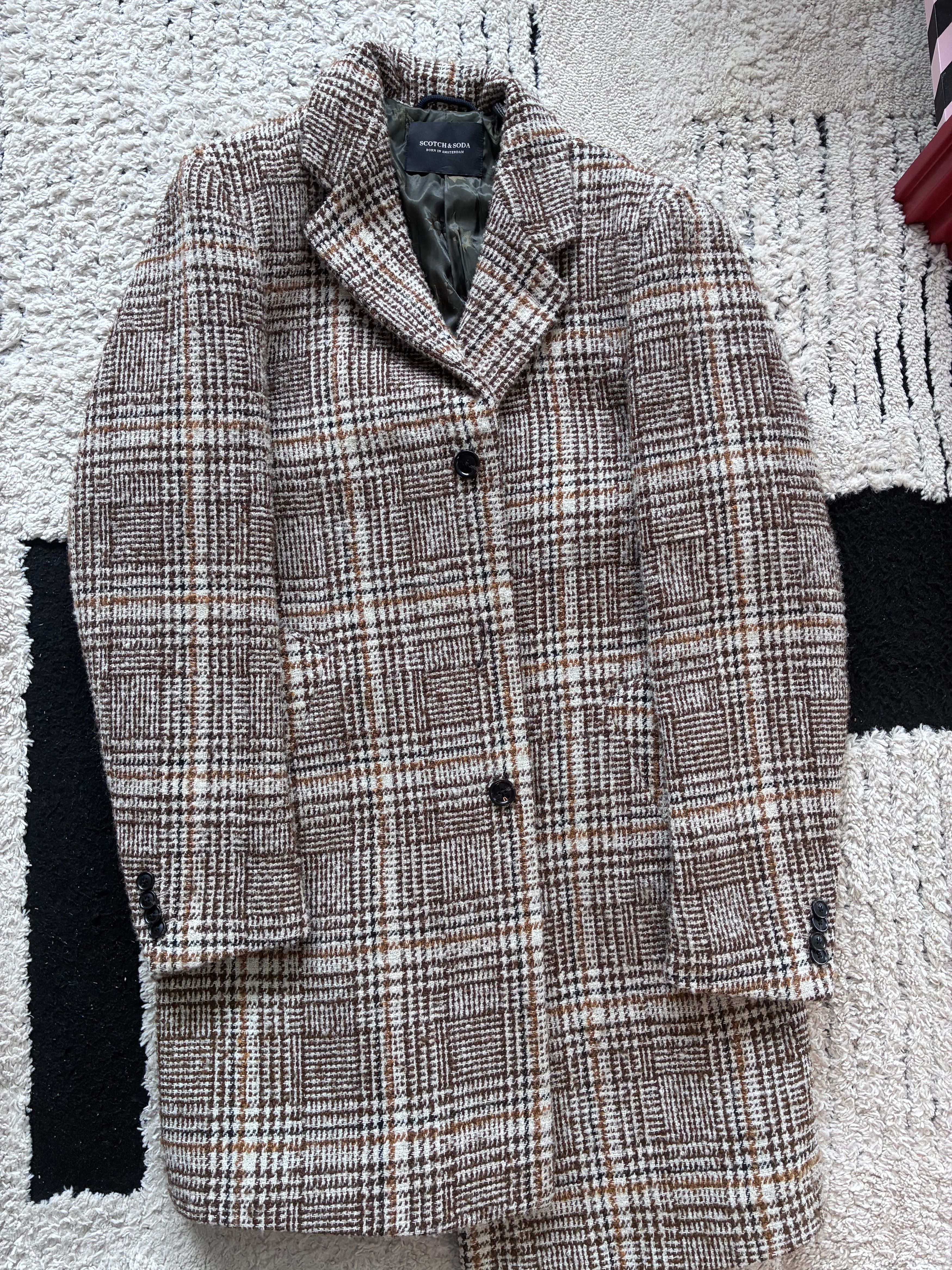 Scotch & Soda Born in Amsterdam Plaid Wool Overcoat Brown L