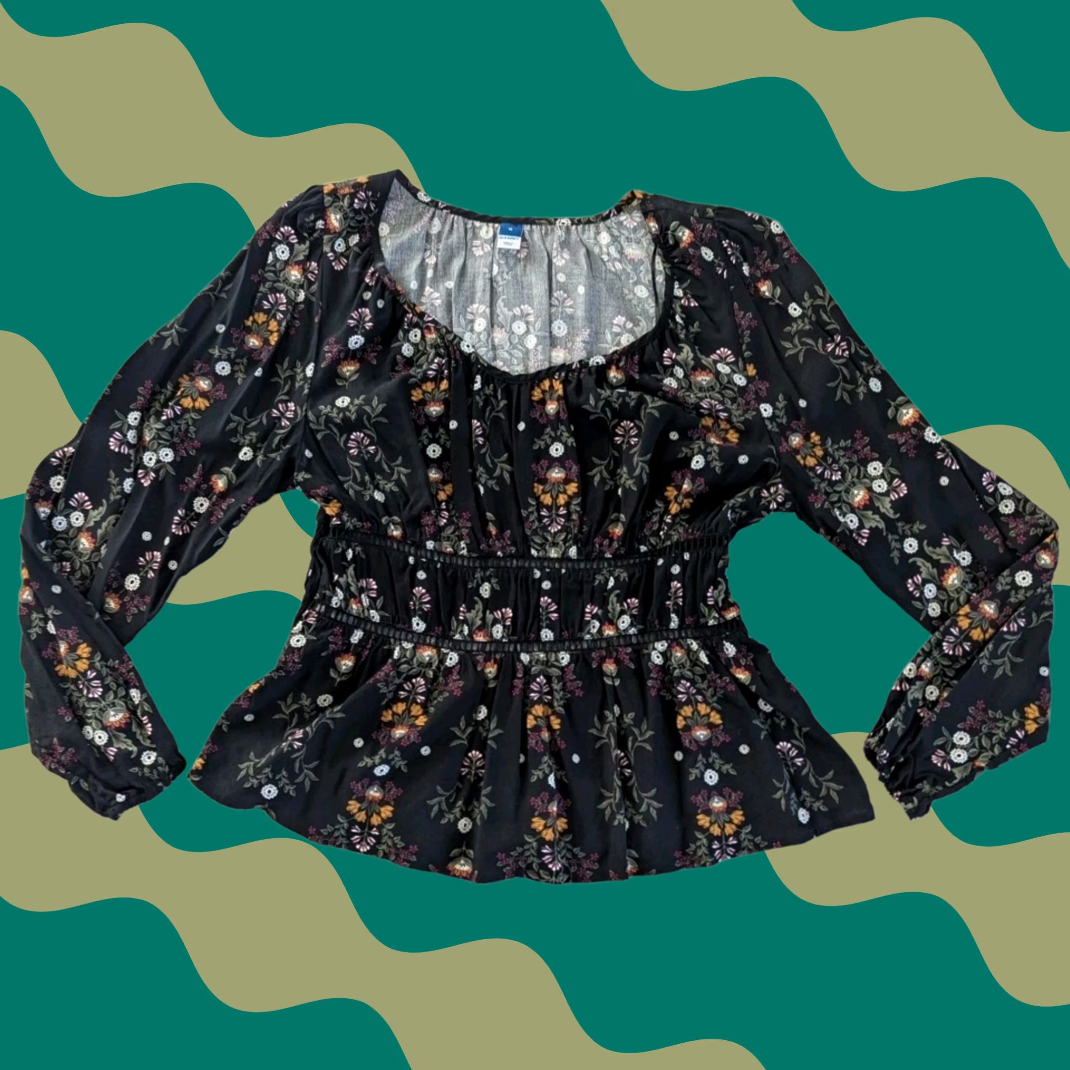 Old Navy Old Navy Blouse Long Sleeve Black Floral Smocked Waist Women's M Boho Shirt Shirt Size M / US 6-8 / IT 42-44 - 1 Thumbnail