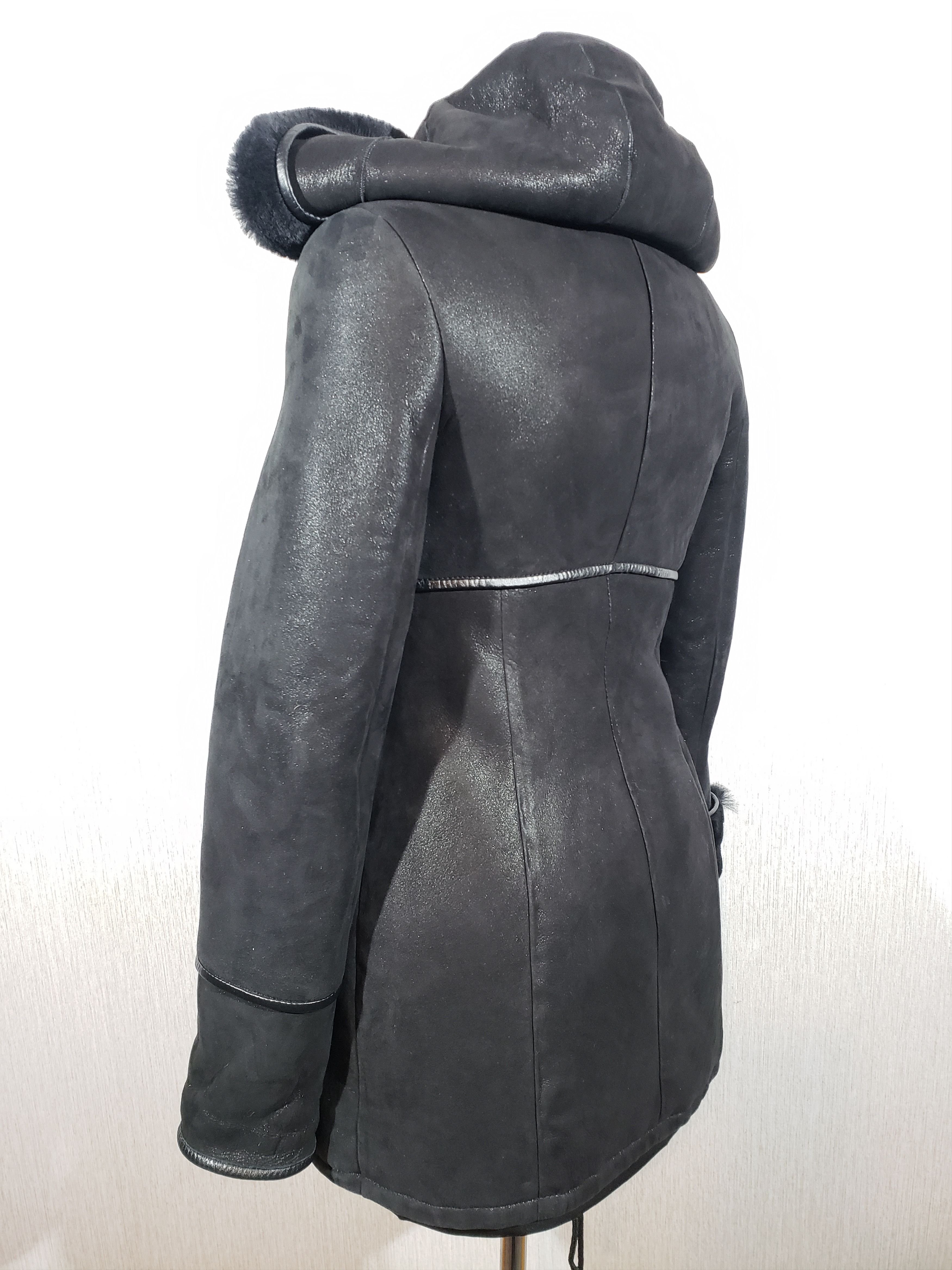 Other Stylish black women's sheepskin coat with a hood. Size S / US 4 / IT 40 - 7 Thumbnail