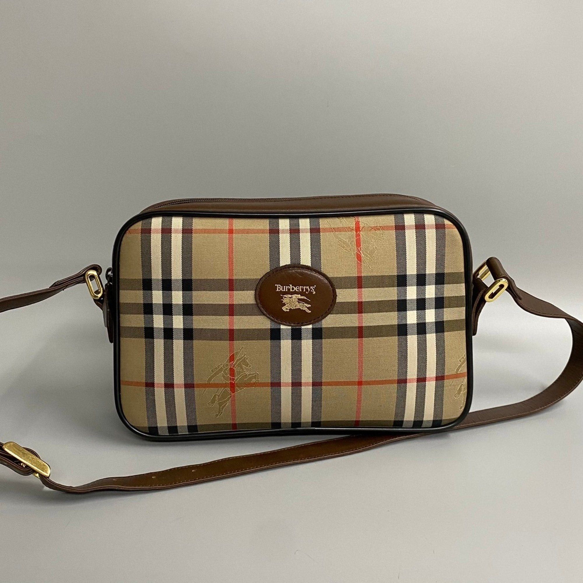 image of Burberrys Nova Check Shadow Horse Canvas Leather Shoulder Bag Crossbody Brown 441233 in White, Wome