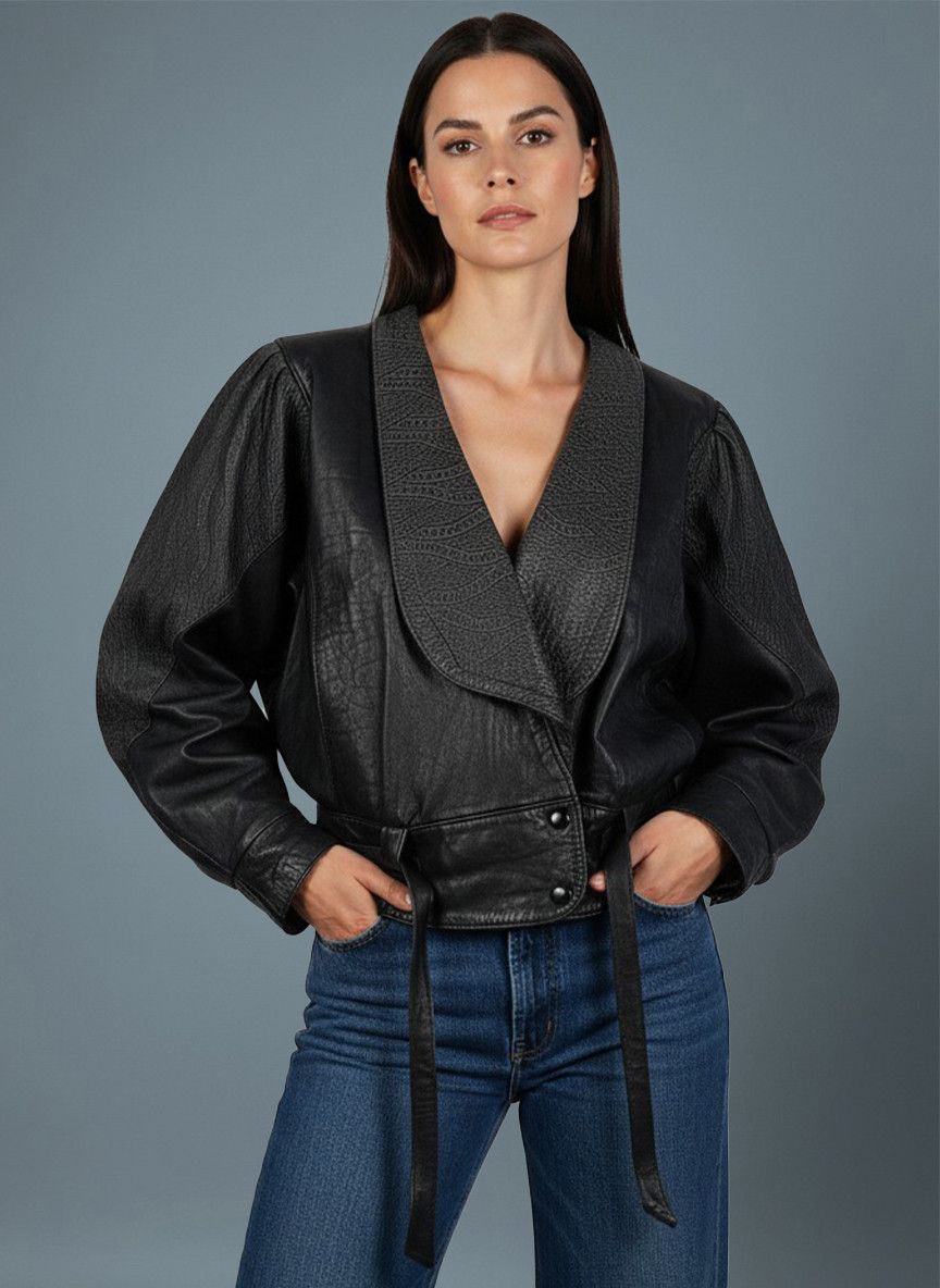 Vintage Vintage British Black Leather Batwing Jacket 80s Oversized Size M / US 6-8 / IT 42-44 - 2 Thumbnail