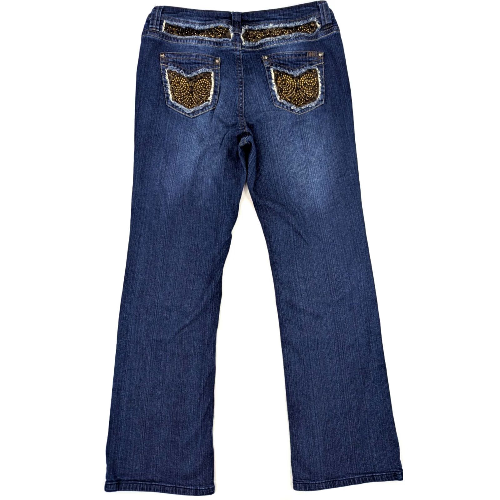 Denime Reba Jeans Bootcut Women 14 Inlay Leopard Embellished Blue Denim 34x32 Stretch Medium Wash 5-Pocket Country Style Size 36" / US 14 / IT 50 - 2 Thumbnail
