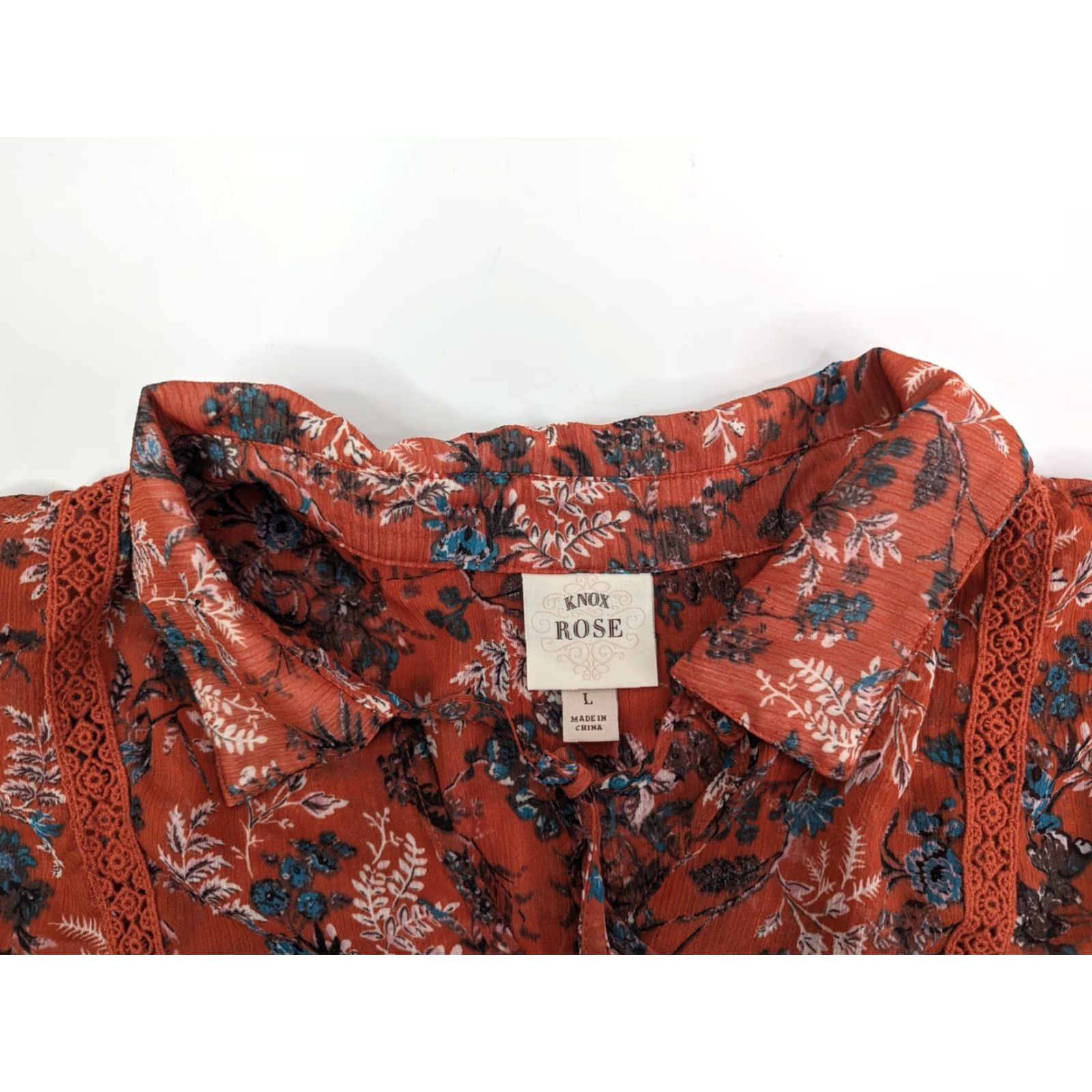 Vintage Knox Rose Blouse Terracotta Floral Sheer Long Bell Sleeve V Neck Tassel Women's L Size L / US 10 / IT 46 - 7 Thumbnail