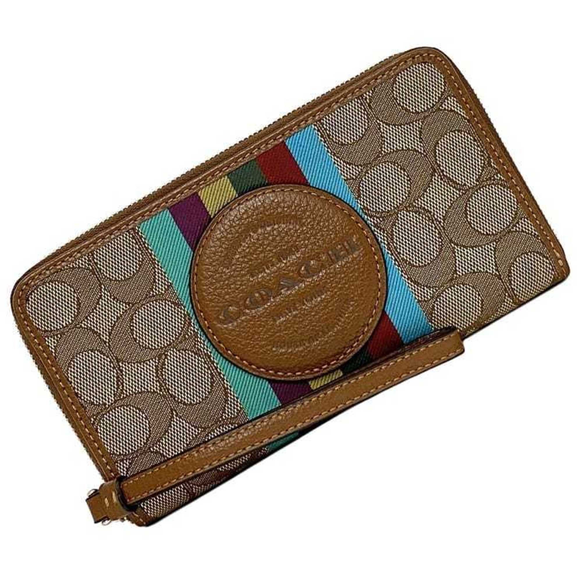 image of Coach Long Wallet Dempsey Large Fawn Beige Signature F2211 Canvas Leather Coach Round Zip Strap Str