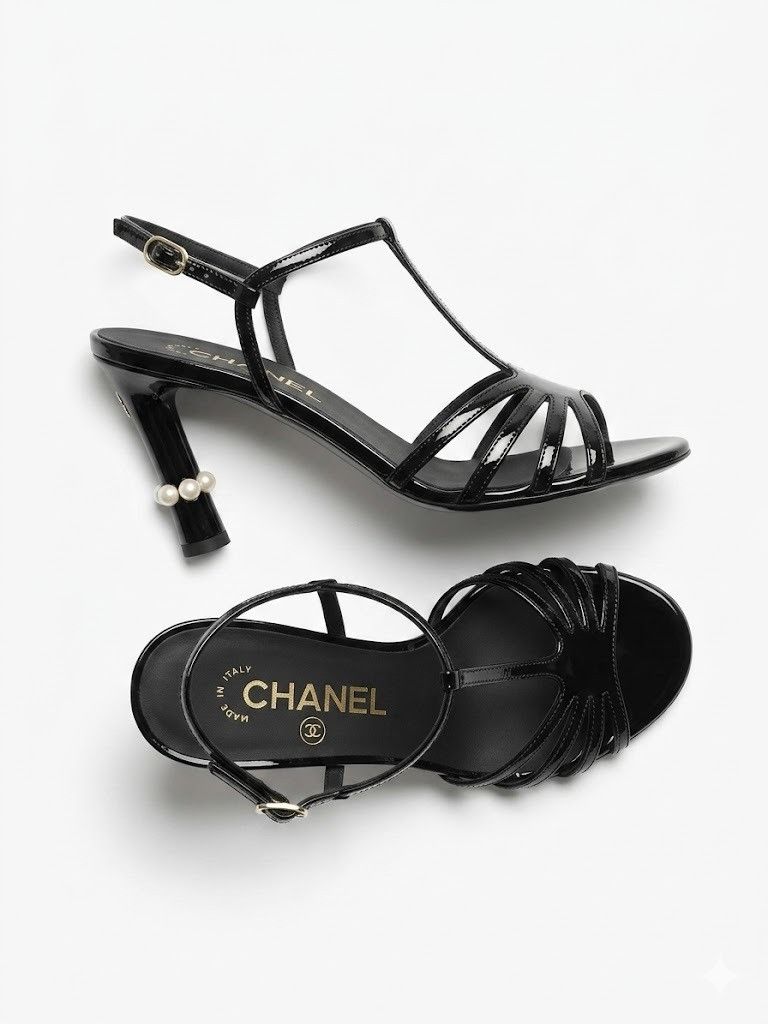 Chanel o1h1sh10526 Patent Pearl-Heel Sandals in Black Size US 10 / IT 40 - 1 Preview