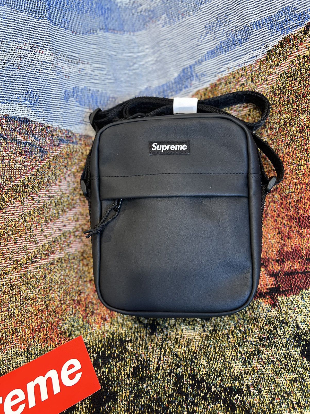 image of Supreme Calfskin Leather Shoulder Bag Black Fw23, Men's