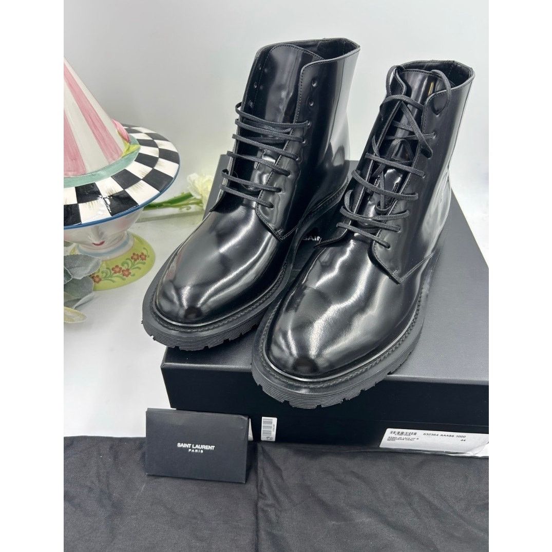 Saint Laurent Paris Mens Saint Laurent Glossy Black Lace-Up Ankle Boots size 44 Size US 11 / EU 44 - 8 Thumbnail