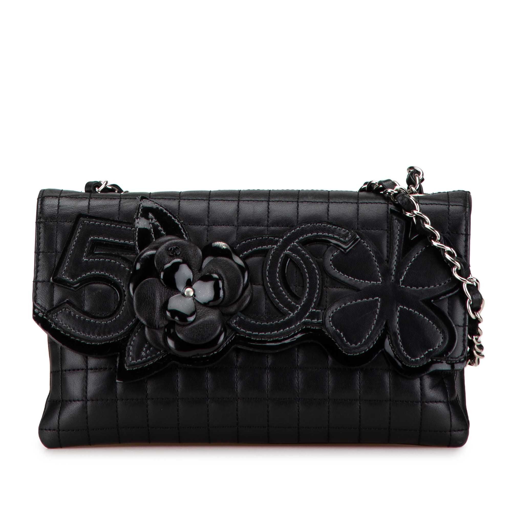 Chanel Choco Bar Calfskin Camellia No. 5 CC Shoulder Bag Black