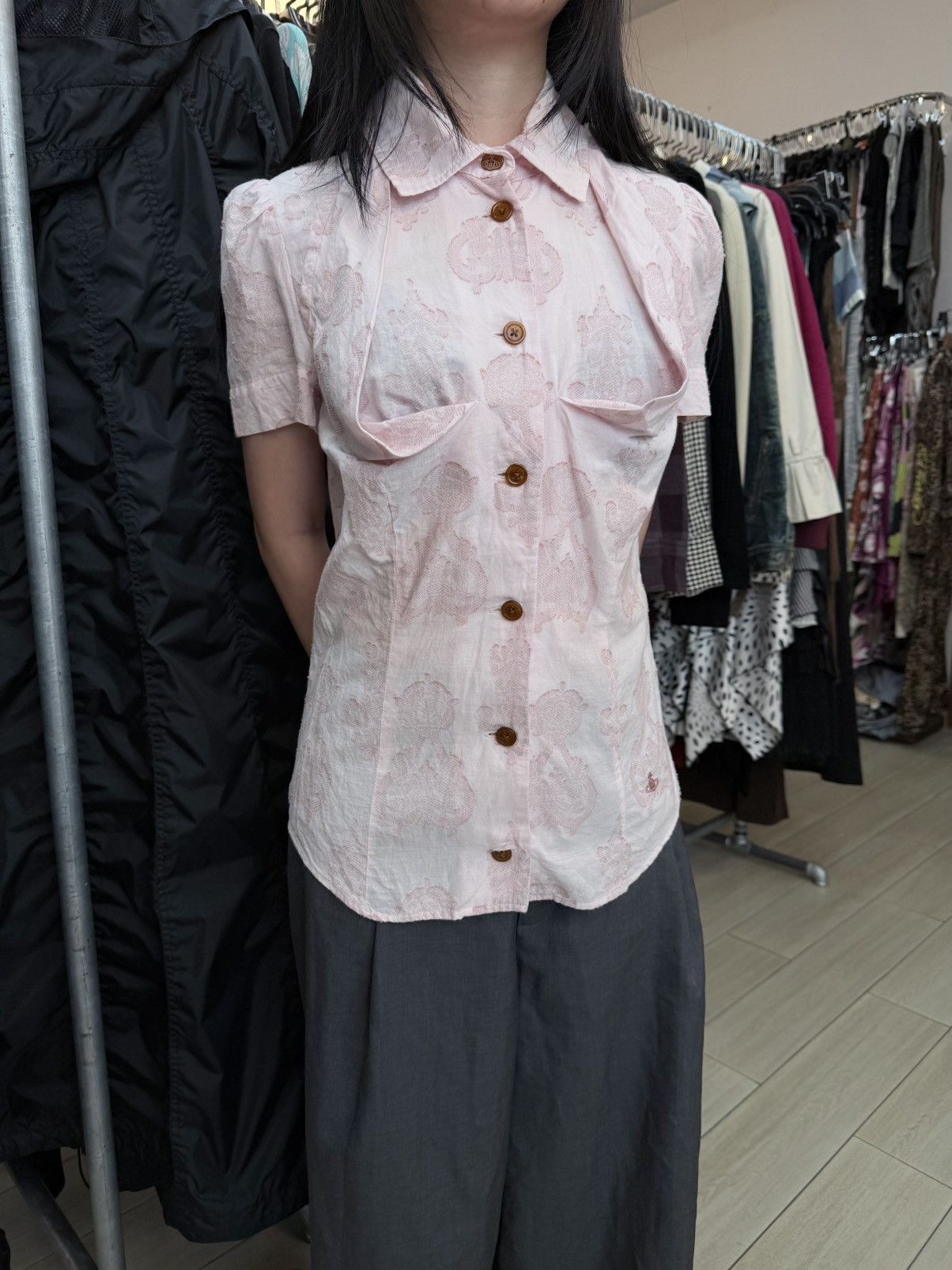 Vivienne Westwood 2000s Vivienne Westwood Red Label Blush Jacquard Tie Blouse Size S / US 4 / IT 40 - 10 Thumbnail