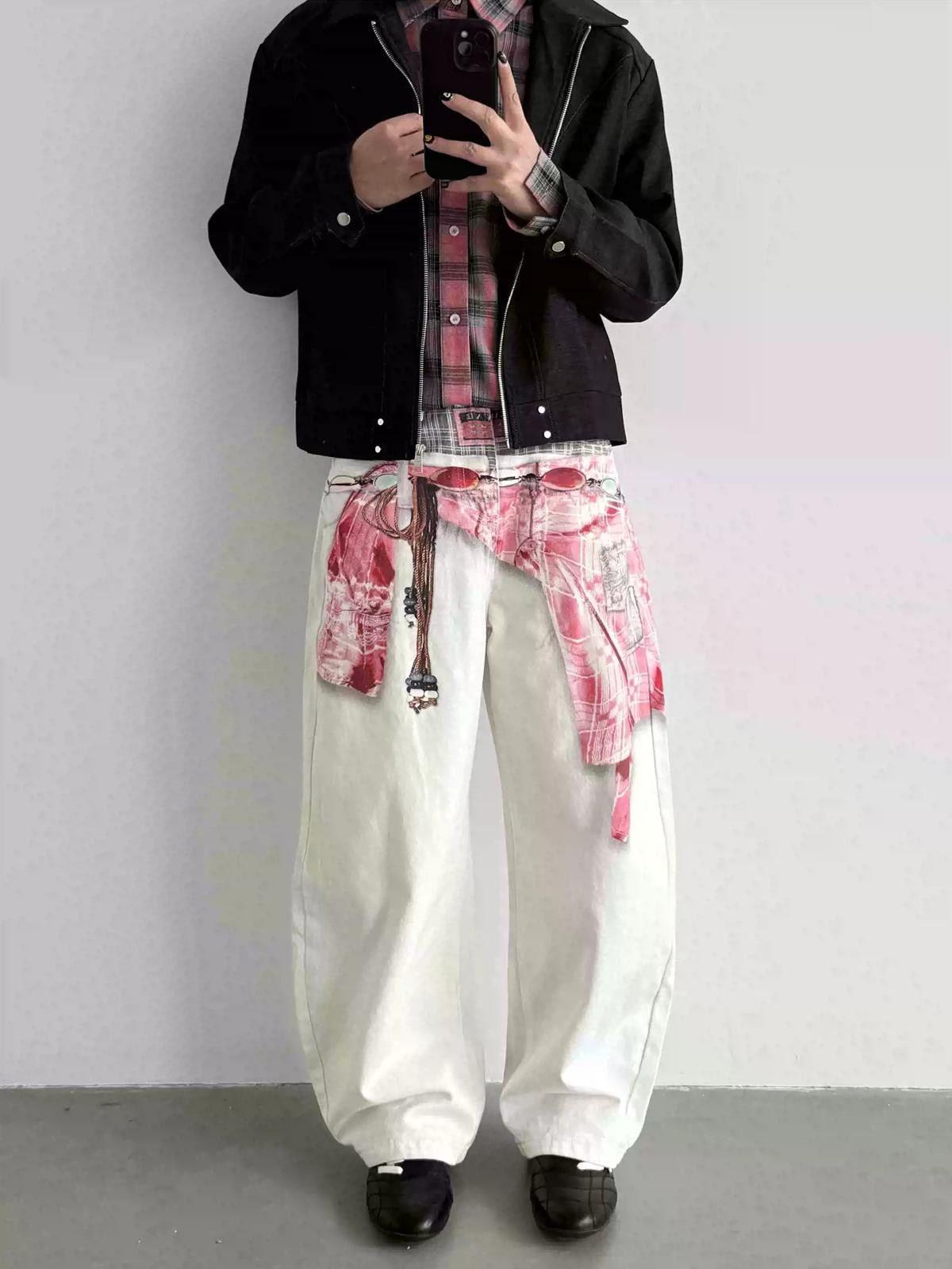 Japanese Brand White Baggy Wide Leg Pants with Pink Plaid Shirt 3D Print Size US 30 / EU 46 - 2 Thumbnail