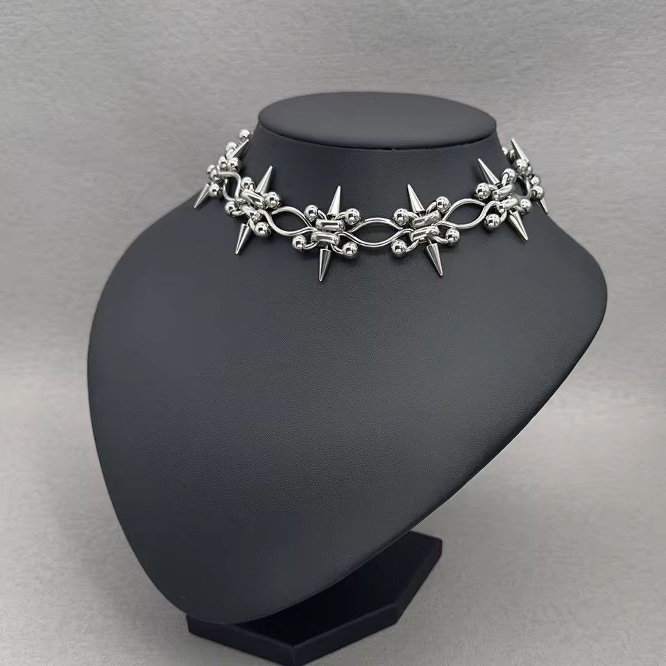 Jewelry Punk Rock Piercing Spike Double Layer Chain Choker Necklace Size ONE SIZE - 2 Thumbnail