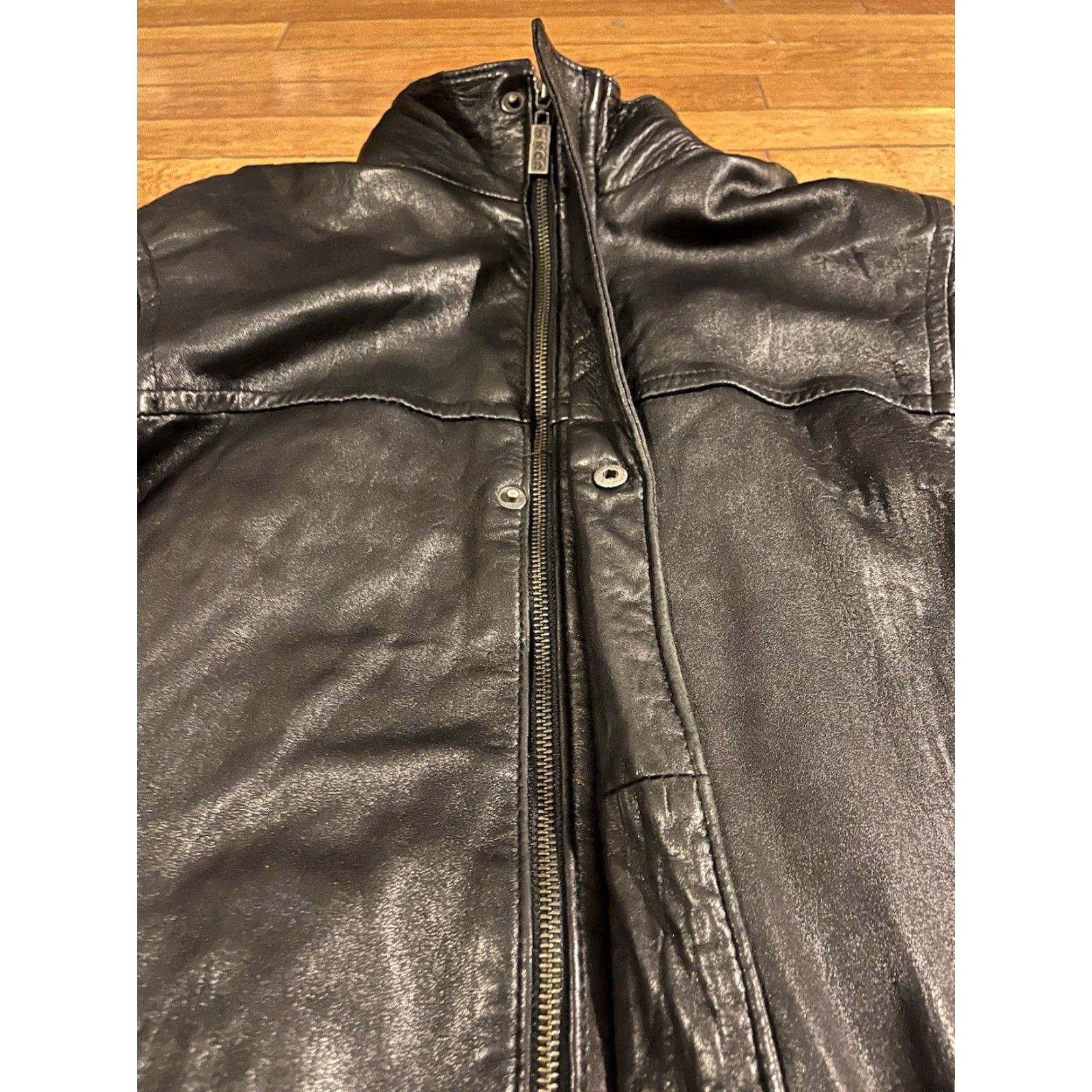 VINTAGE IZOD Leather Bomber Jacket Men’s M Black Zip-In Knit Collar