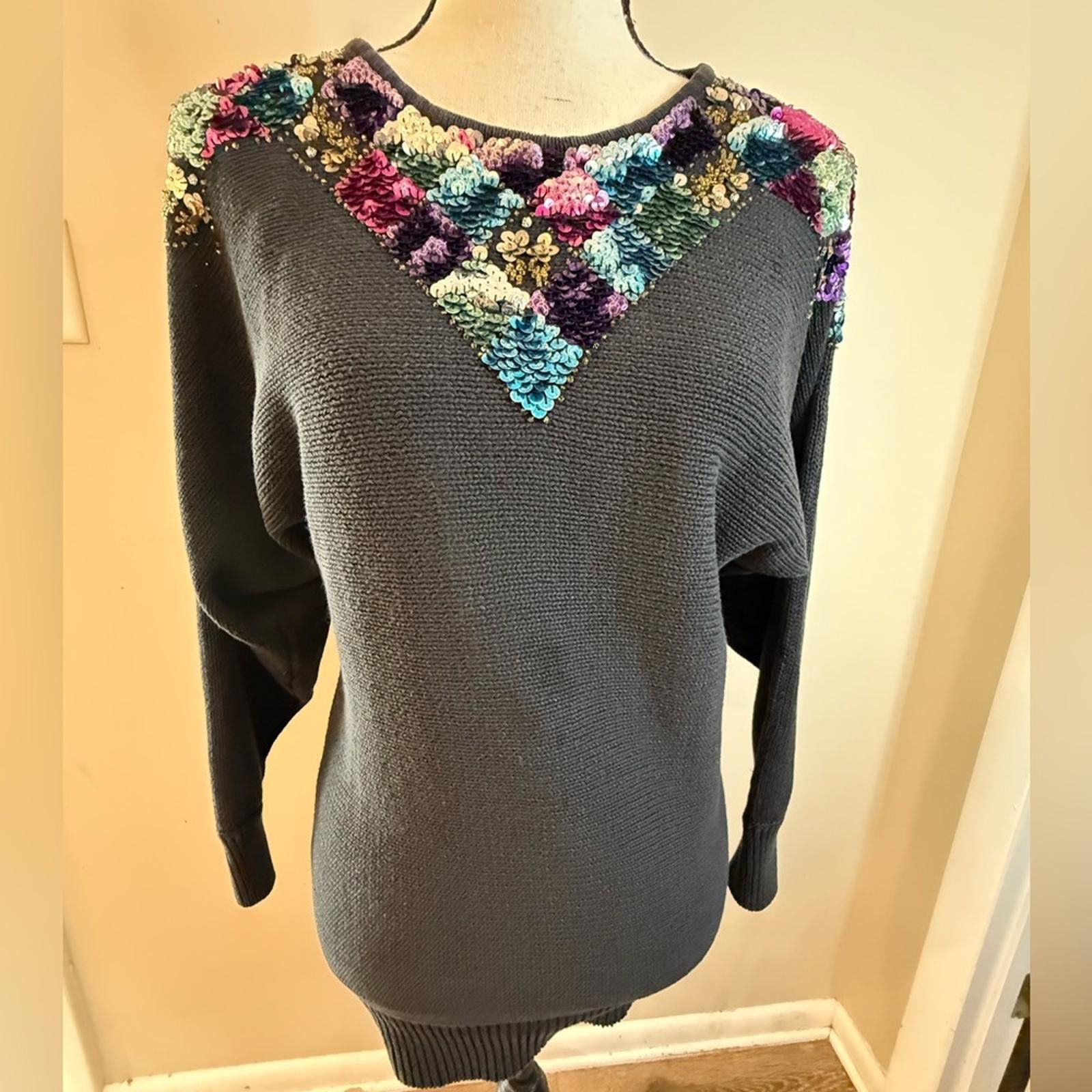 Other Victoria Jones vintage sequined black knit sweater SM FLAW Size S / US 4 / IT 40 - 2 Thumbnail