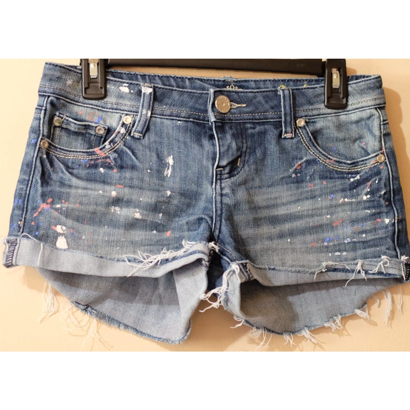Almost Famous Almost Famous Denim Jean Shorts Distressed Juniors Size 3 Denim Cut-Off Low Rise Pockets 2-1/2in Inseam Blue Womens 90s Festival Beach Party Size 26" / US 2 / IT 38 - 2 Thumbnail