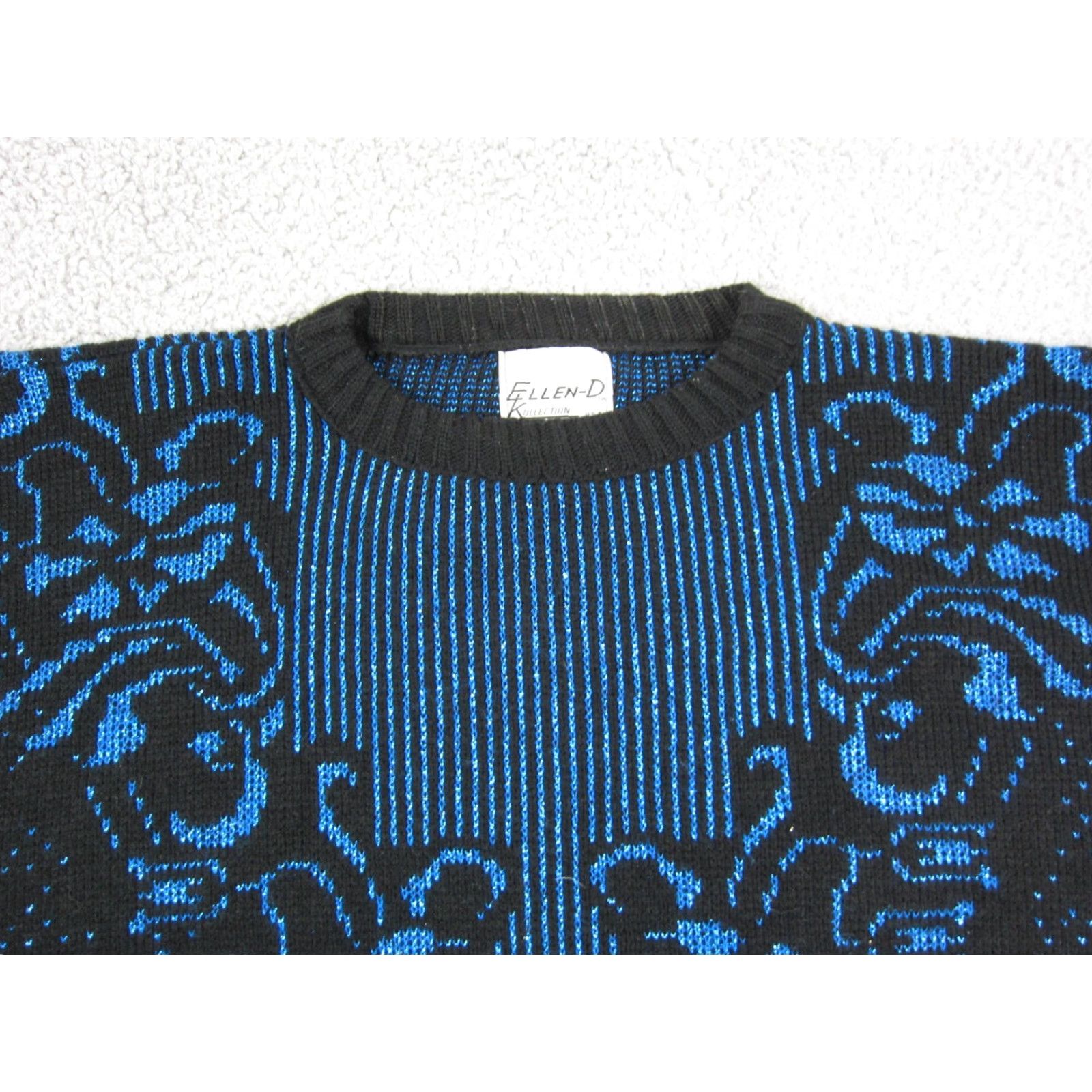 Vintage VINTAGE Ellen D Sweater Womens L Black Blue Baroque Knit 80s 90s Pullover Crew Neck Shiny Knit Shirt Mens Girls Womens Size L / US 10 / IT 46 - 2 Thumbnail