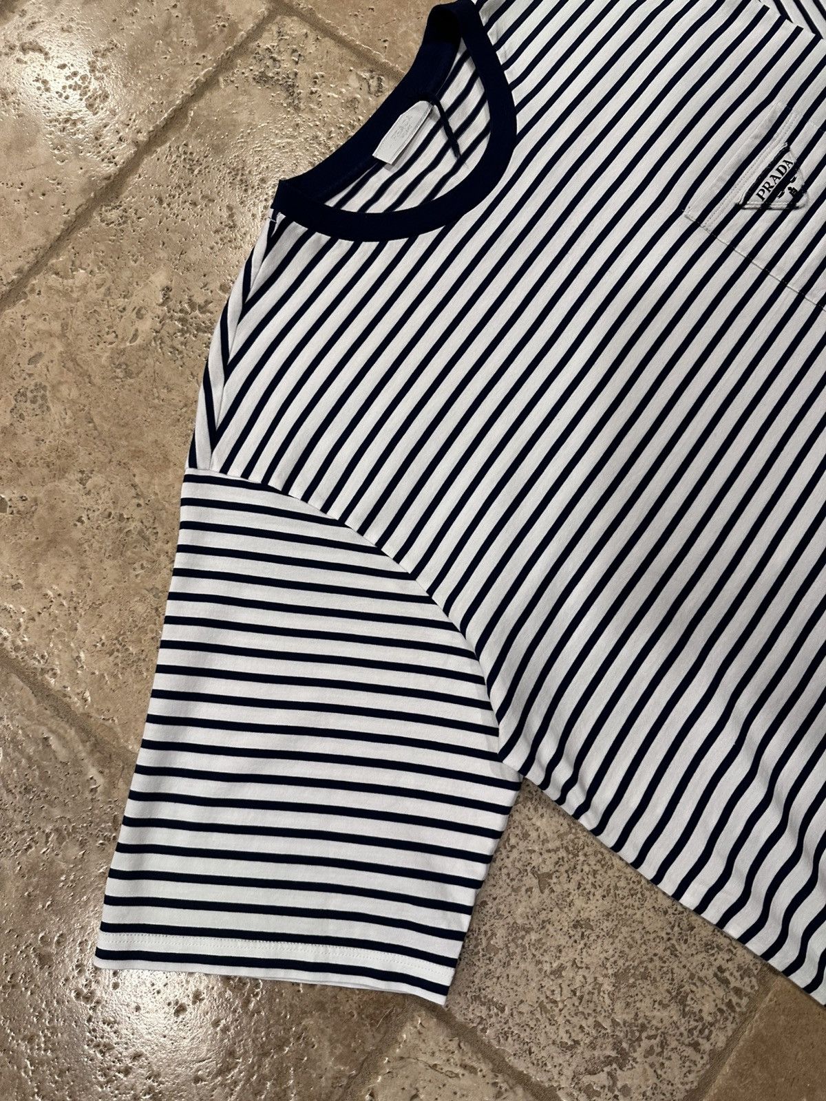 Prada Prada Striped Navy White Cotton Pocket Triangle Logo T-Shirt Size US XXL / EU 58 / 5 - 5 Thumbnail