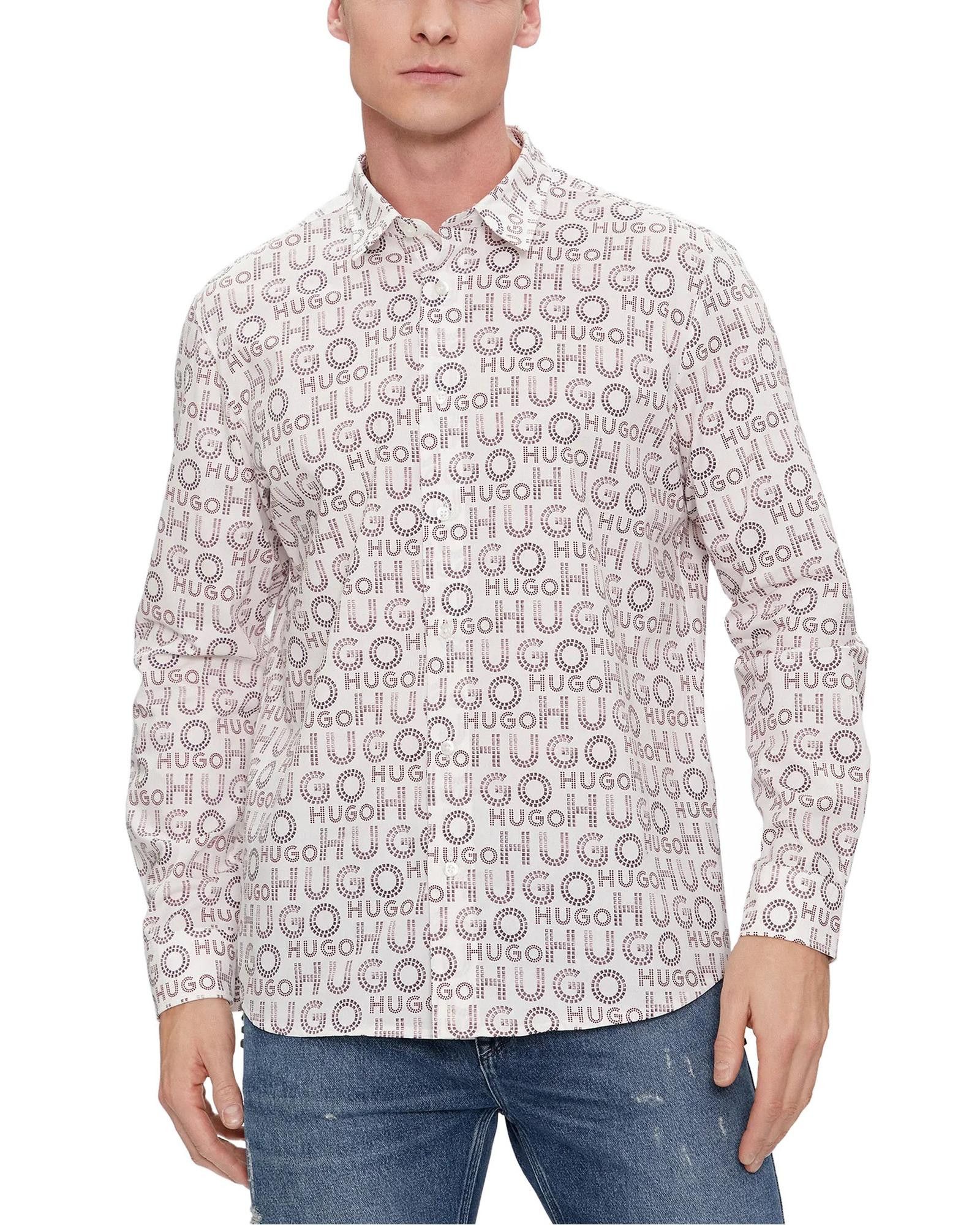 image of Hugo Printed Cotton Shirt With Buttons in White, Men's (Size Small)