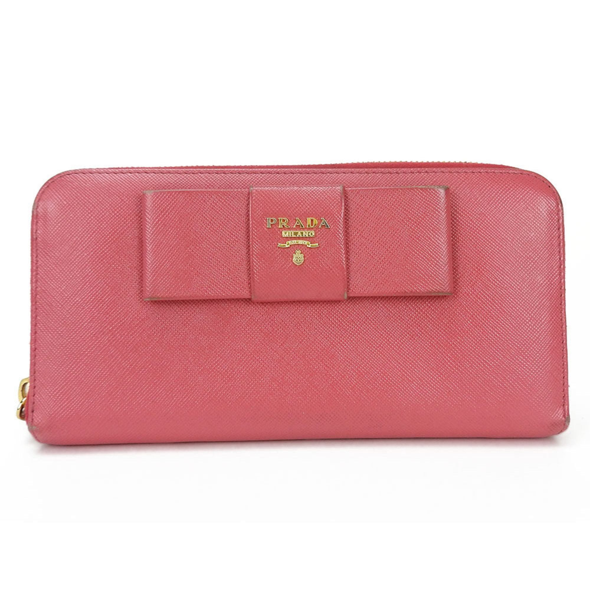 image of Prada Zip Around Long Wallet Pink Peonia Ribbon Peonia Saffiano Leather Ladies, Women's