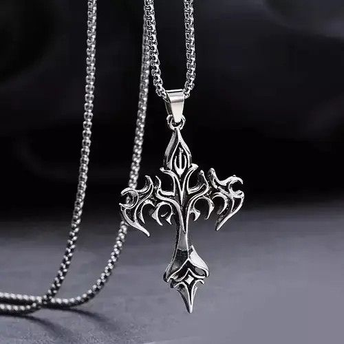 Japanese Brand Vintage Flame Cross Pendant Necklace Long Chain Punk Goth Size ONE SIZE - 4 Thumbnail