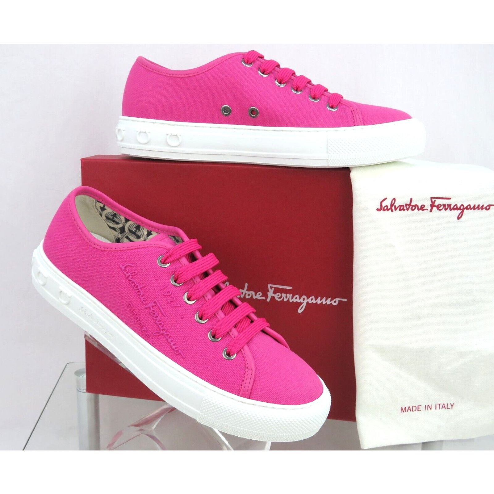 FERRAGAMO★素敵！WOMEN PINK LEMONADE CANVAS LOGO SNEAKERS FERRAGAMO MEDITERR WOMEN PINK LEMONADE CANVAS LEATHER TRIM