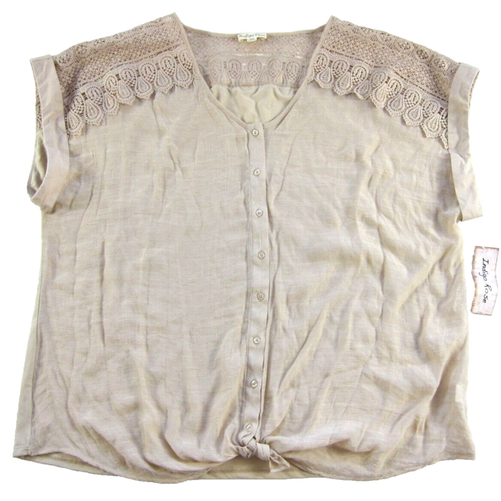 Vintage NWT Indigo Rose Beige Brown Embroidered Button Down Short Sleeve Tunic Blouse 3X Size XXL / US 16-18 / IT 52-54 - 2 Thumbnail