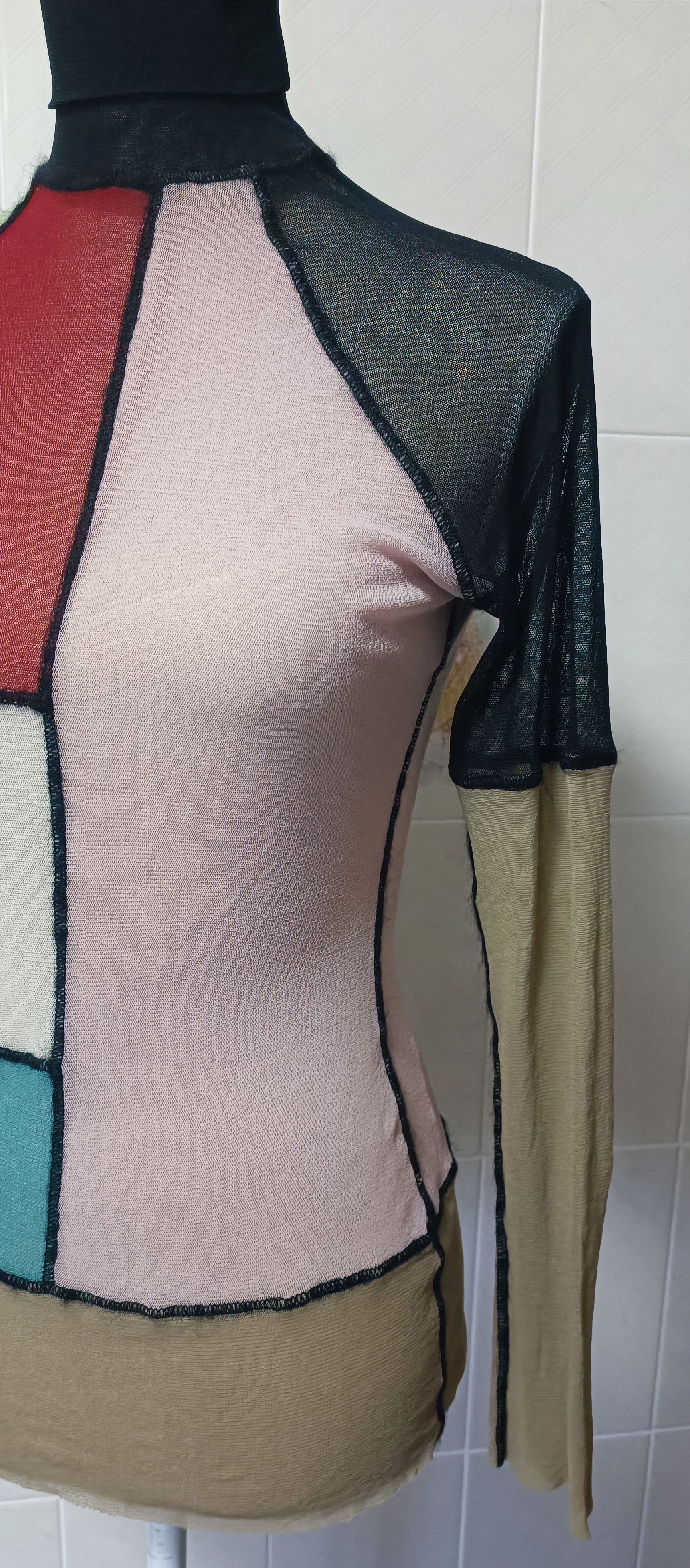 Jean Paul Gaultier 90's - color block turtleneck mesh top Size L / US 10 / IT 46 - 8 Thumbnail