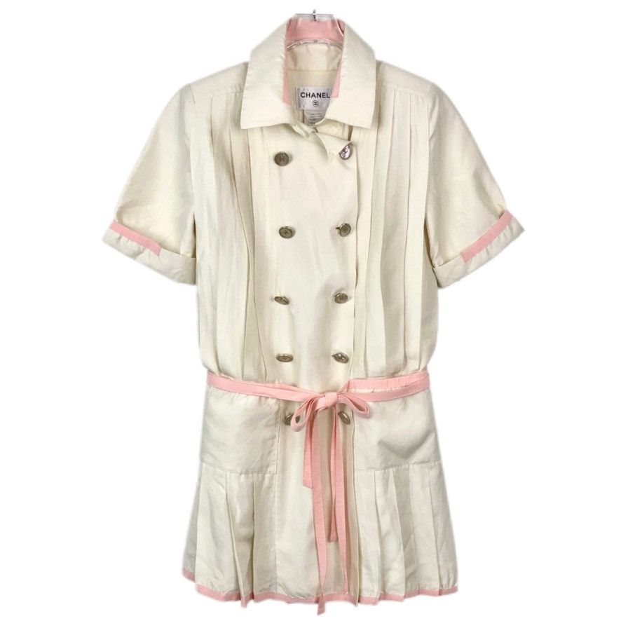 Chanel Chanel Off-white Silk Lapel Short Sleeve Pleated Dress K26WX Size S / US 4 / IT 40 - 1 Thumbnail