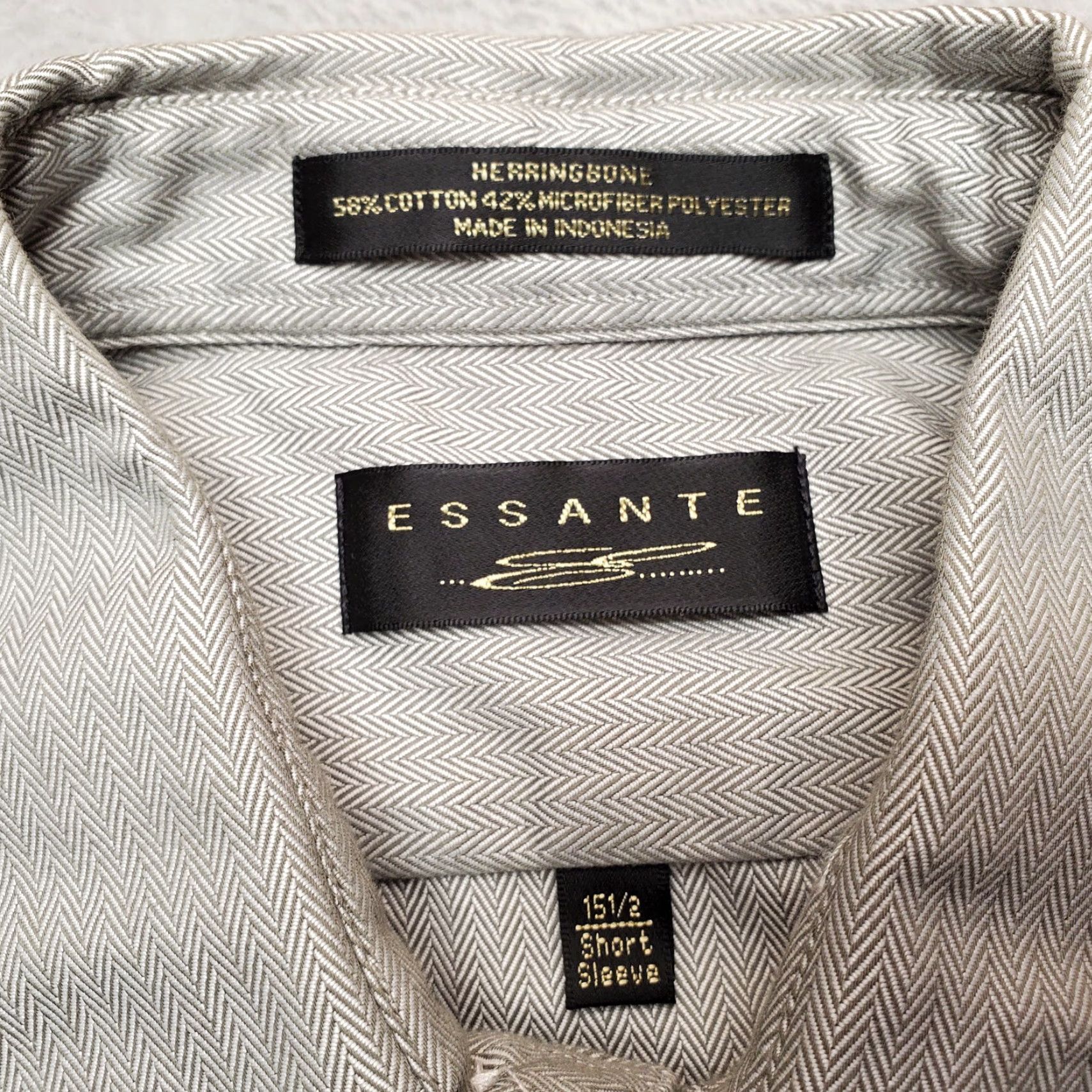 Vintage Essante Shirt Men Medium Beige 15.5 Herringbone Cotton Blend Casual Short Sleeve Button-Up Size US L / EU 52-54 / 3 - 5 Thumbnail